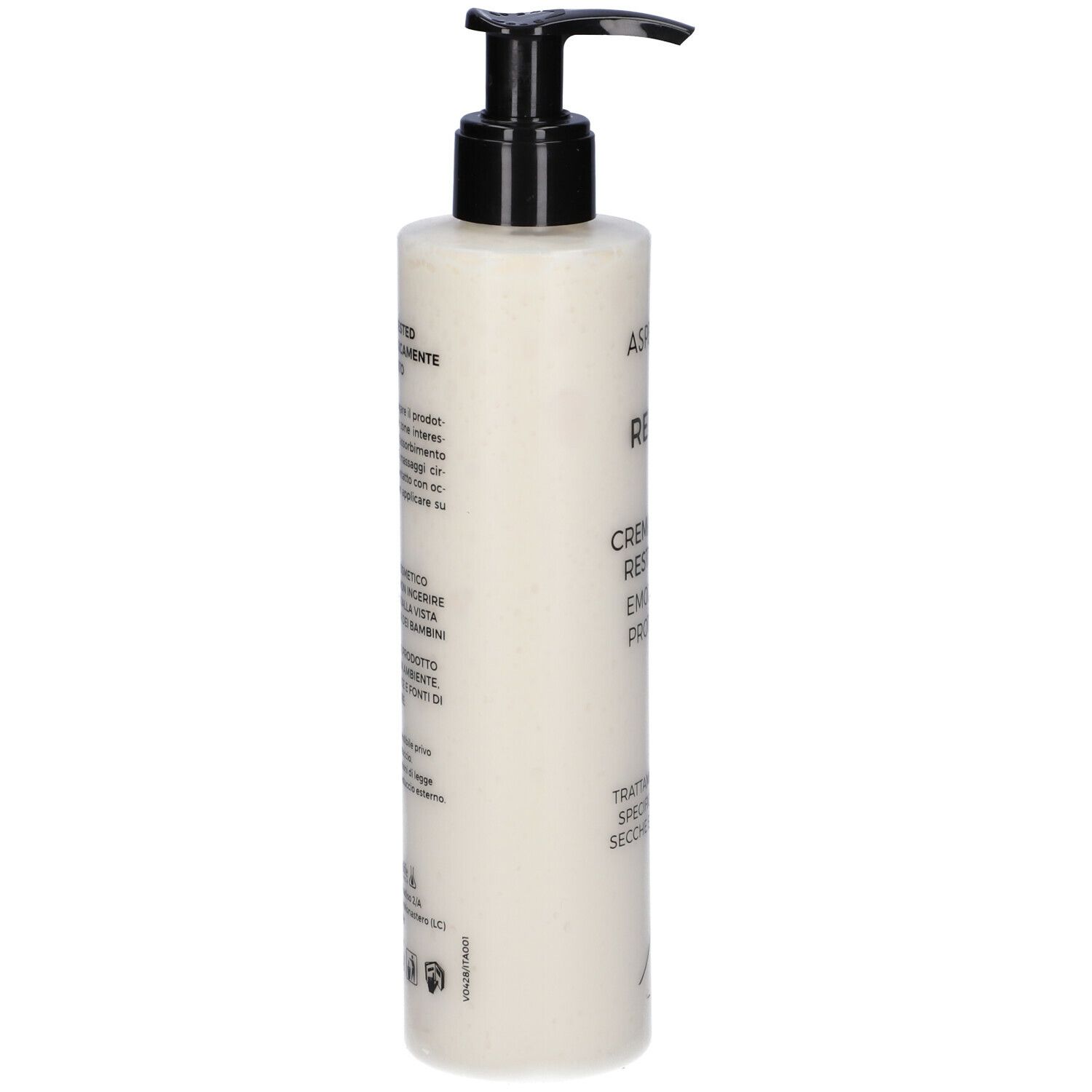 Retro del flacone di crema corpo con testo. Dosatore nero. Scritta: Aspersina Repair, Creme Corpo, Restitutiva, Emolliente, Protettiva.