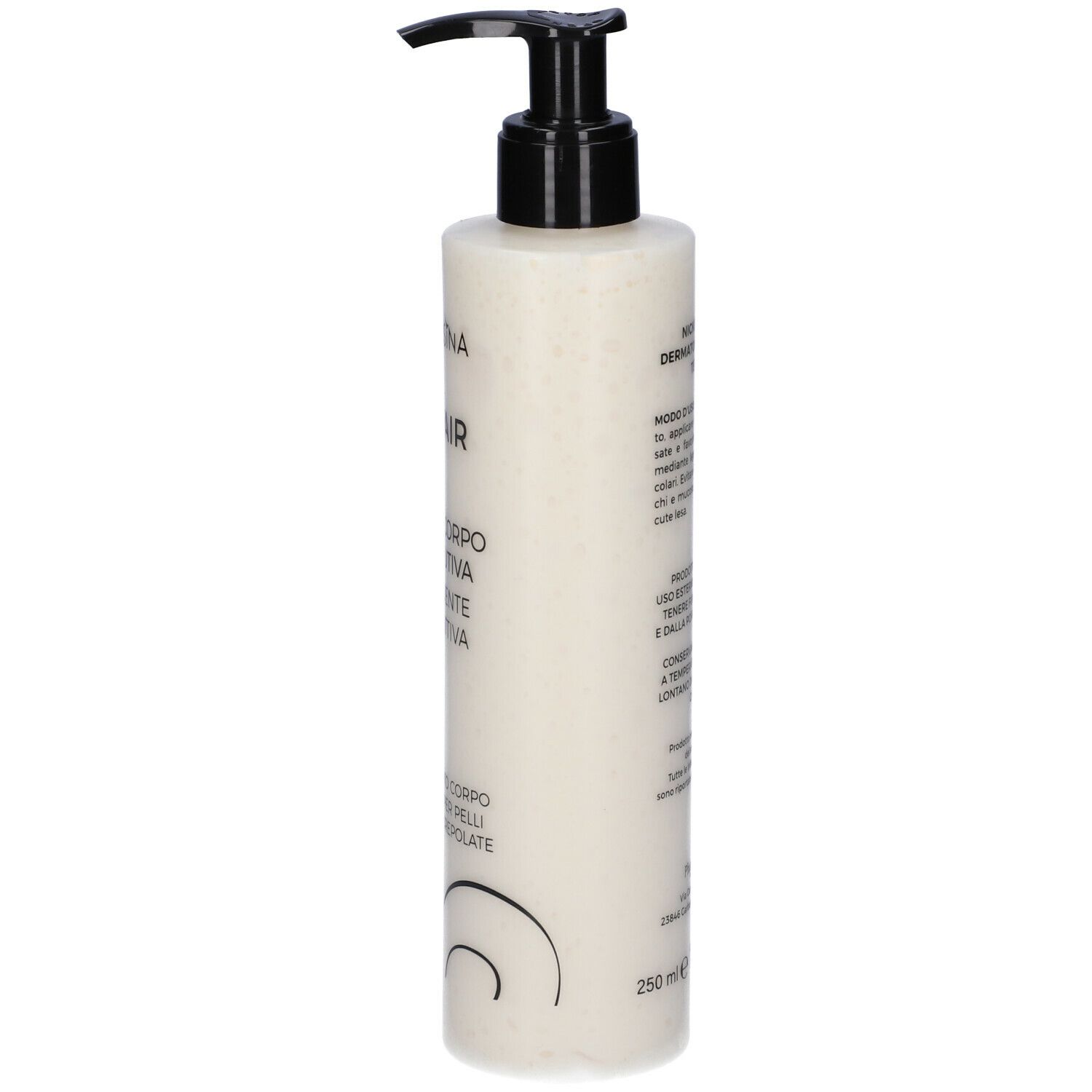 Flacone di crema corpo con dosatore nero. Scritta: Aspersina Repair, Creme Corpo, Restitutiva, Emolliente, Protettiva. 250 ml.