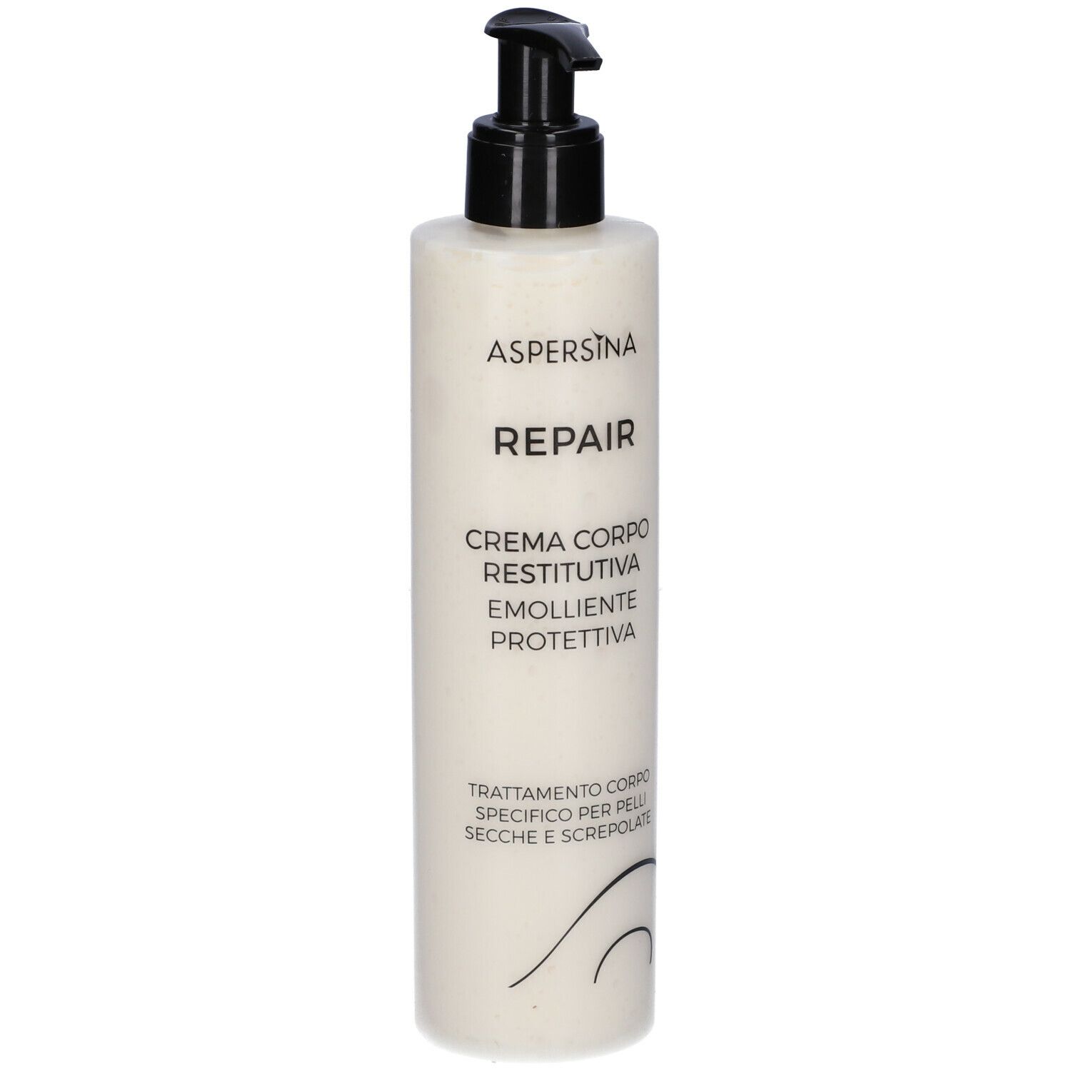 Flacone di crema corpo con dosatore nero. Scritta: Aspersina Repair, Creme Corpo, Restitutiva, Emolliente, Protettiva.