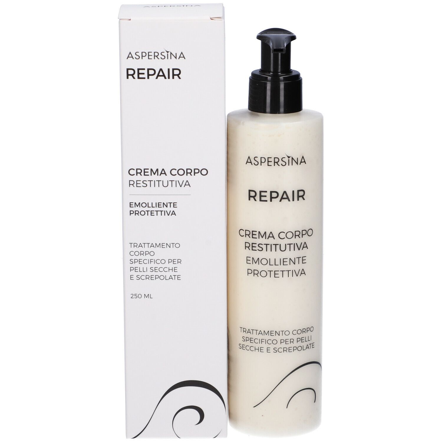 Flacone di crema corpo e scatola. Scritta: Aspersina Repair, Creme Corpo, Restitutiva, Emolliente, Protettiva. 250 ml.