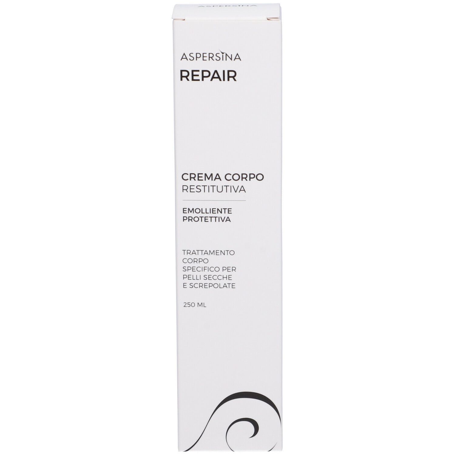 Scatola bianca con scritta: Aspersina Repair, Creme Corpo, Restitutiva, Emolliente, Protettiva. 250 ml.