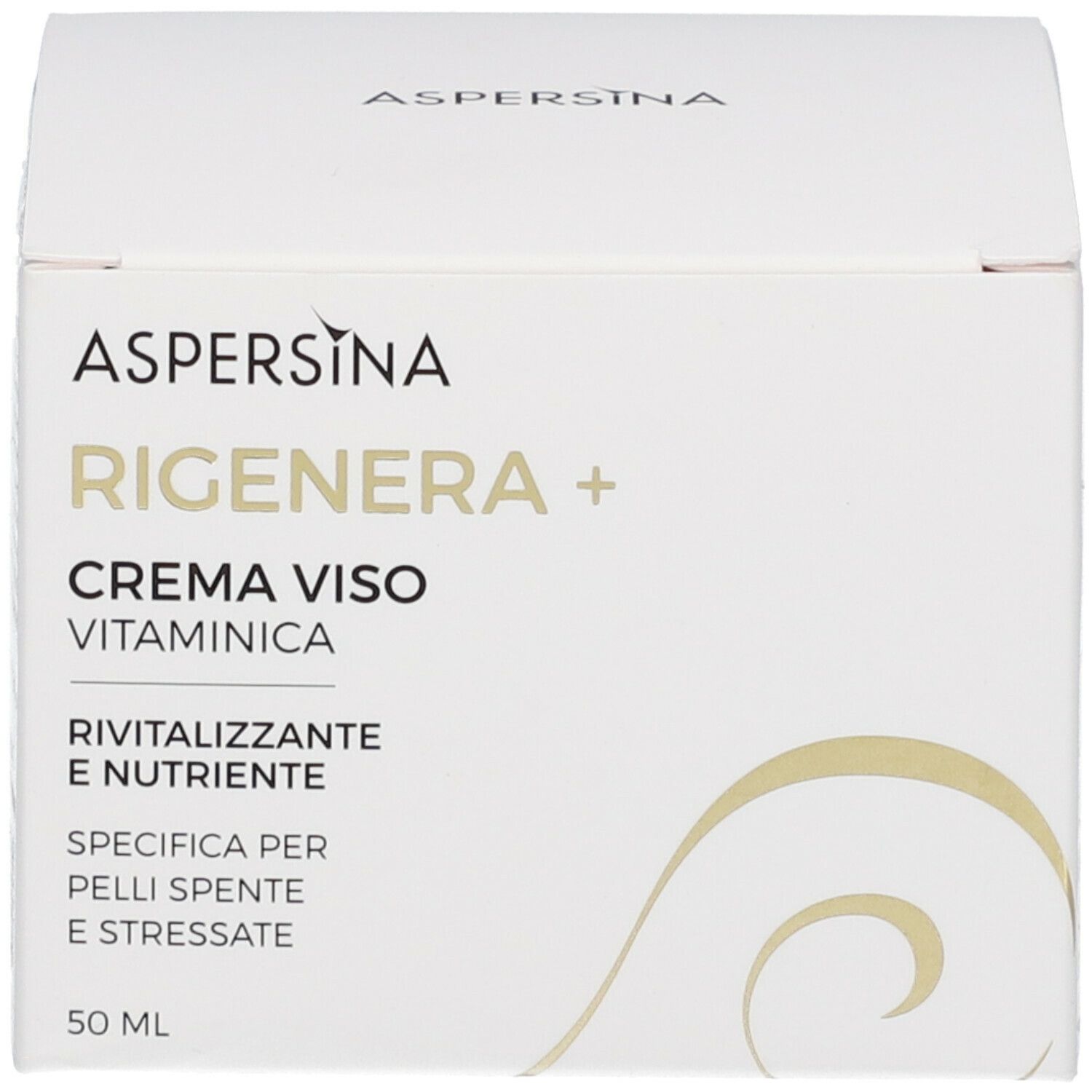 Confezione con testo: ASPERSINA, RIGENERA + CREMA VISO VITAMINICA, RIVITALIZZANTE E NUTRIENTE, 50 ML.