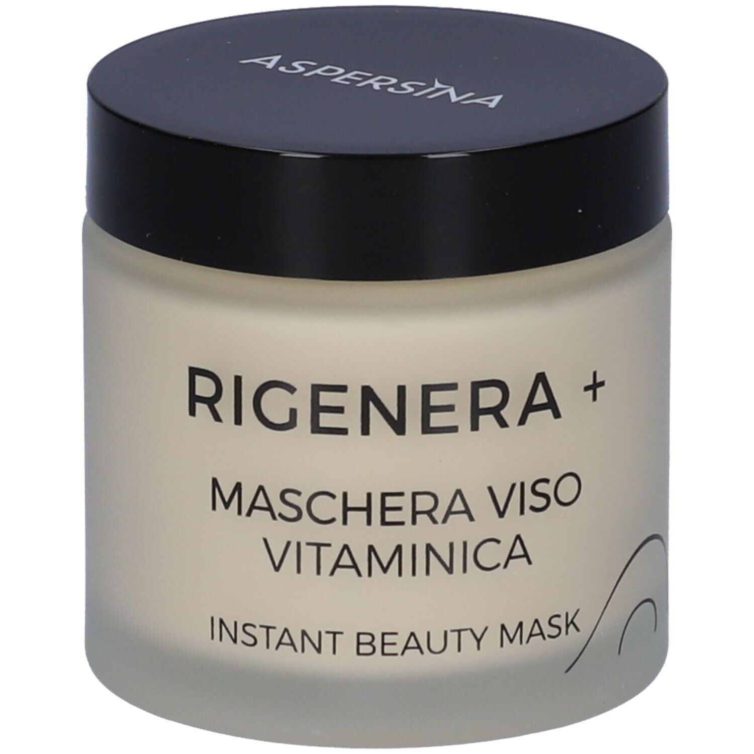 Vaso di crema con coperchio nero. Scritta: Rigenera+ Maschera Viso Vitaminica, Instant Beauty Mask.