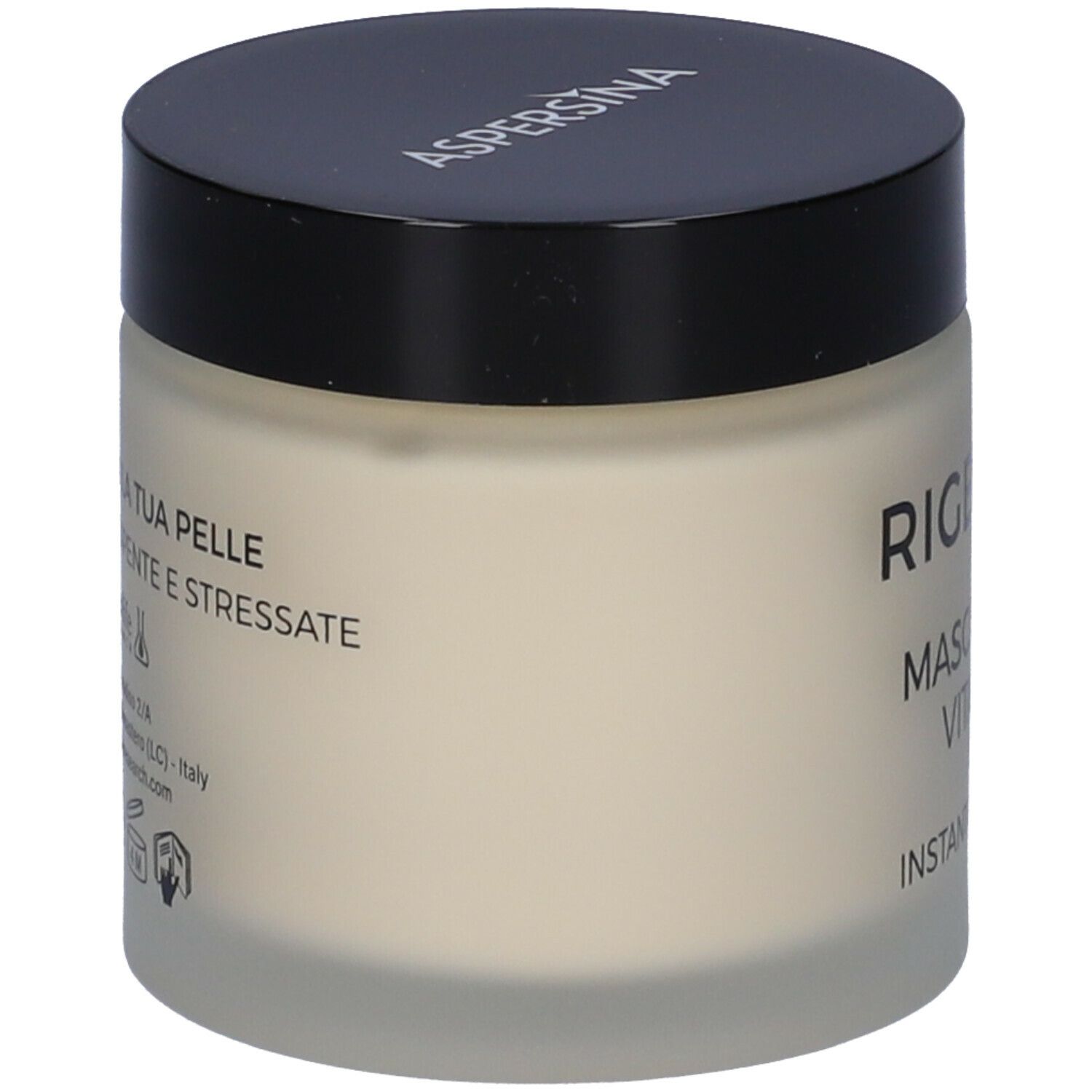 Vaso di crema con coperchio nero. Scritta: Rigenera+ Maschera Viso Vitaminica. Testo sul lato.