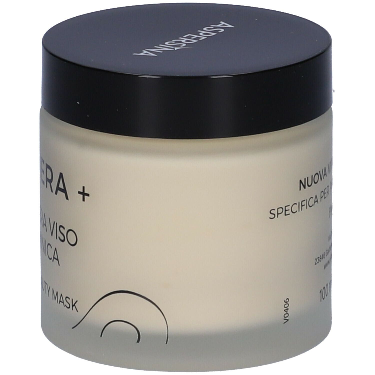 Vaso di crema con coperchio nero. Scritta: Rigenera+ Maschera Viso Vitaminica. Testo sul lato.
