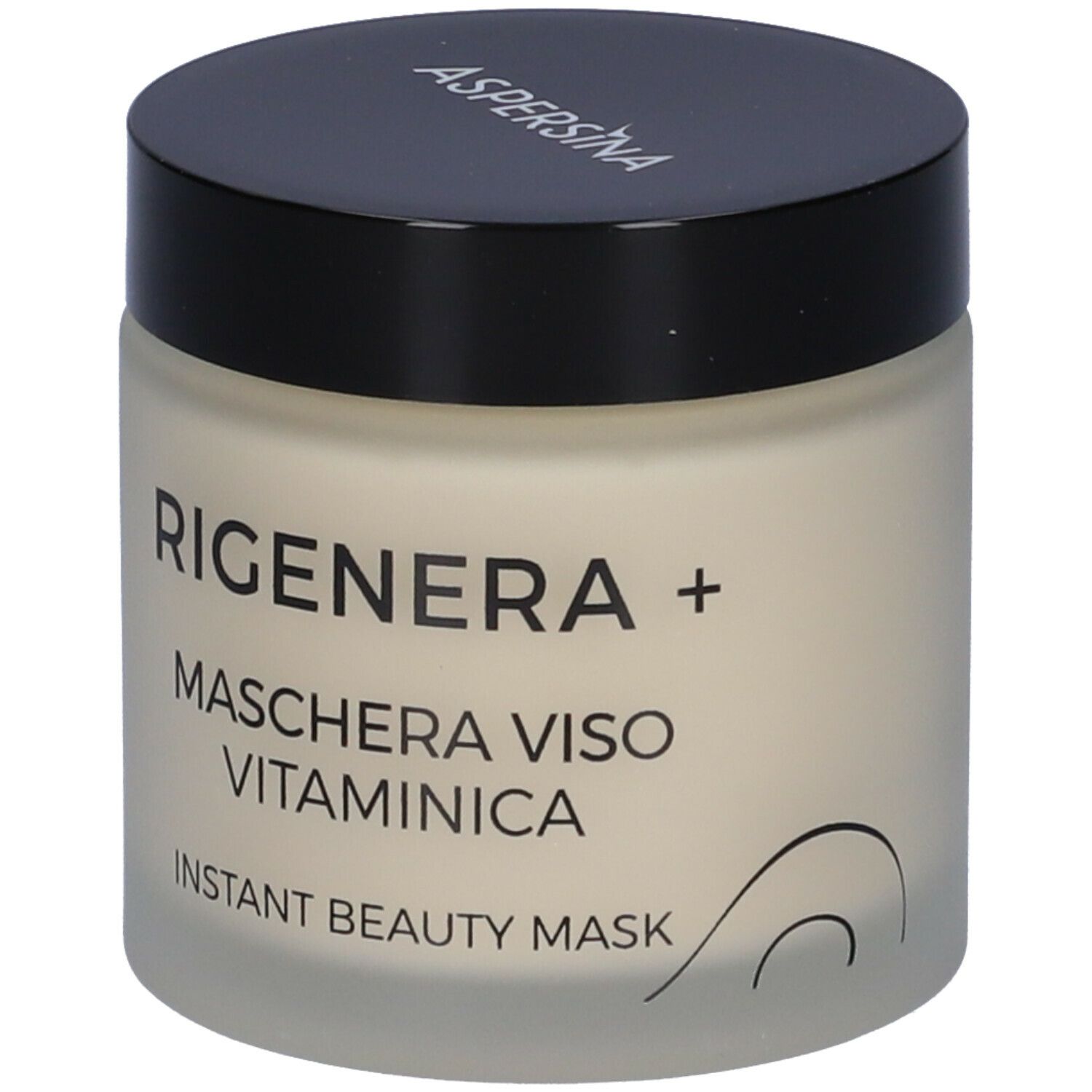Vaso di crema con coperchio nero. Scritta: Rigenera+ Maschera Viso Vitaminica, Instant Beauty Mask.