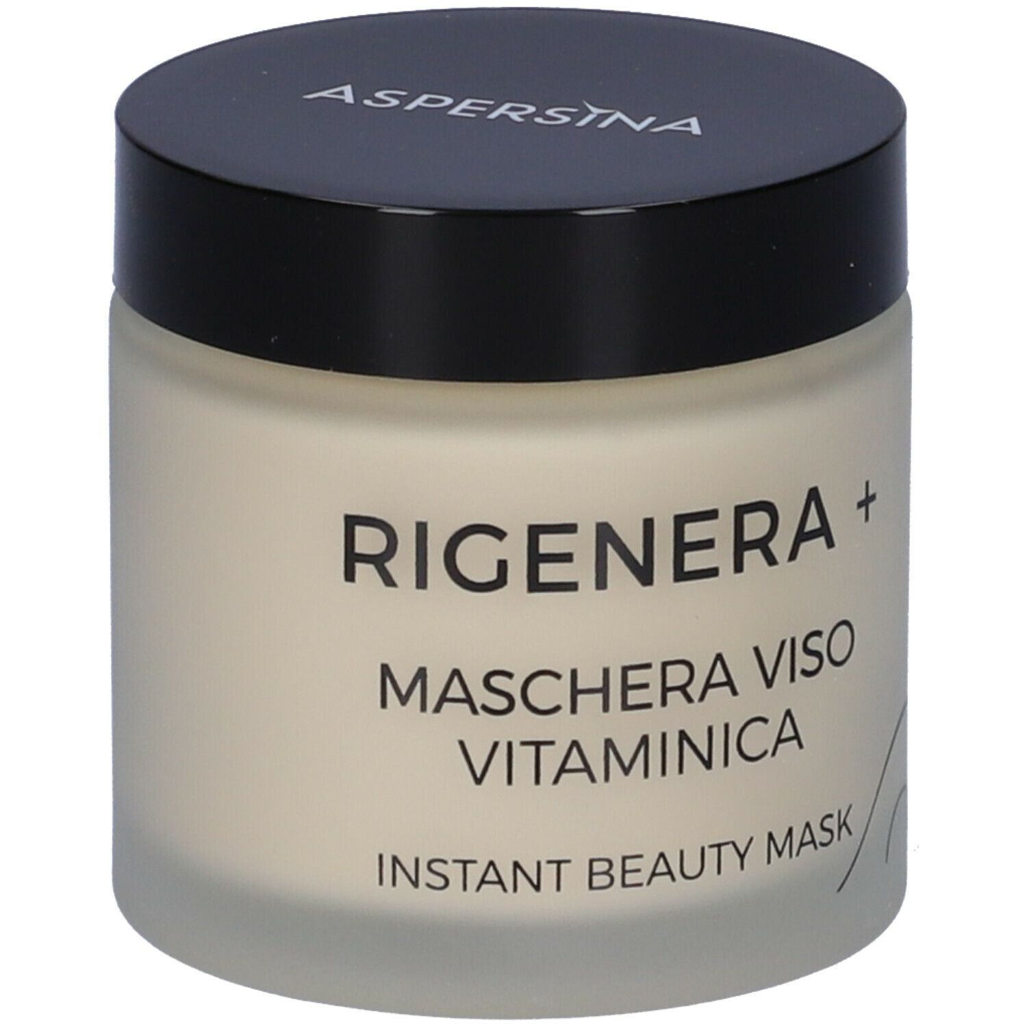 Vaso di crema con coperchio nero. Scritta: Rigenera+ Maschera Viso Vitaminica, Instant Beauty Mask.