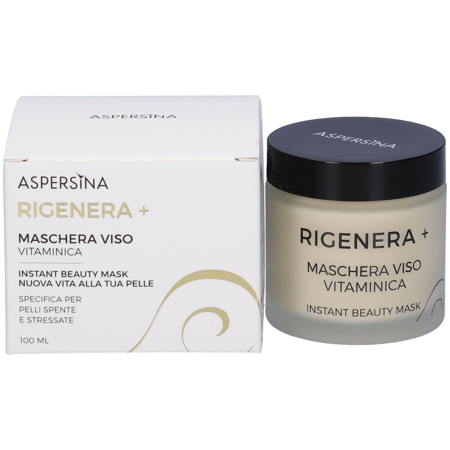 Vaso di crema e confezione. Scritta: Rigenera+ Maschera Viso Vitaminica, Instant Beauty Mask.