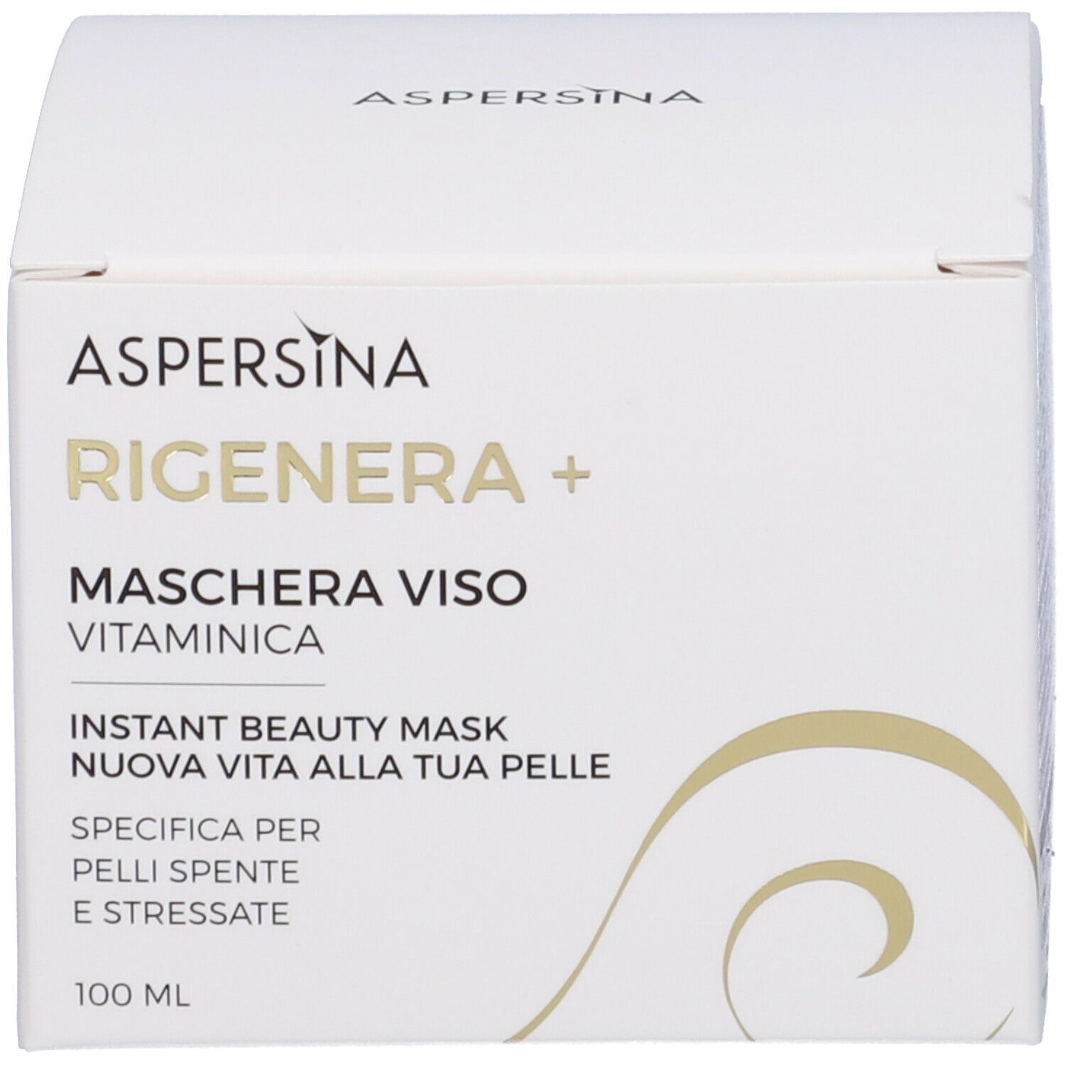 Confezione. Scritta: Rigenera+ Maschera Viso Vitaminica, Instant Beauty Mask. Testo.