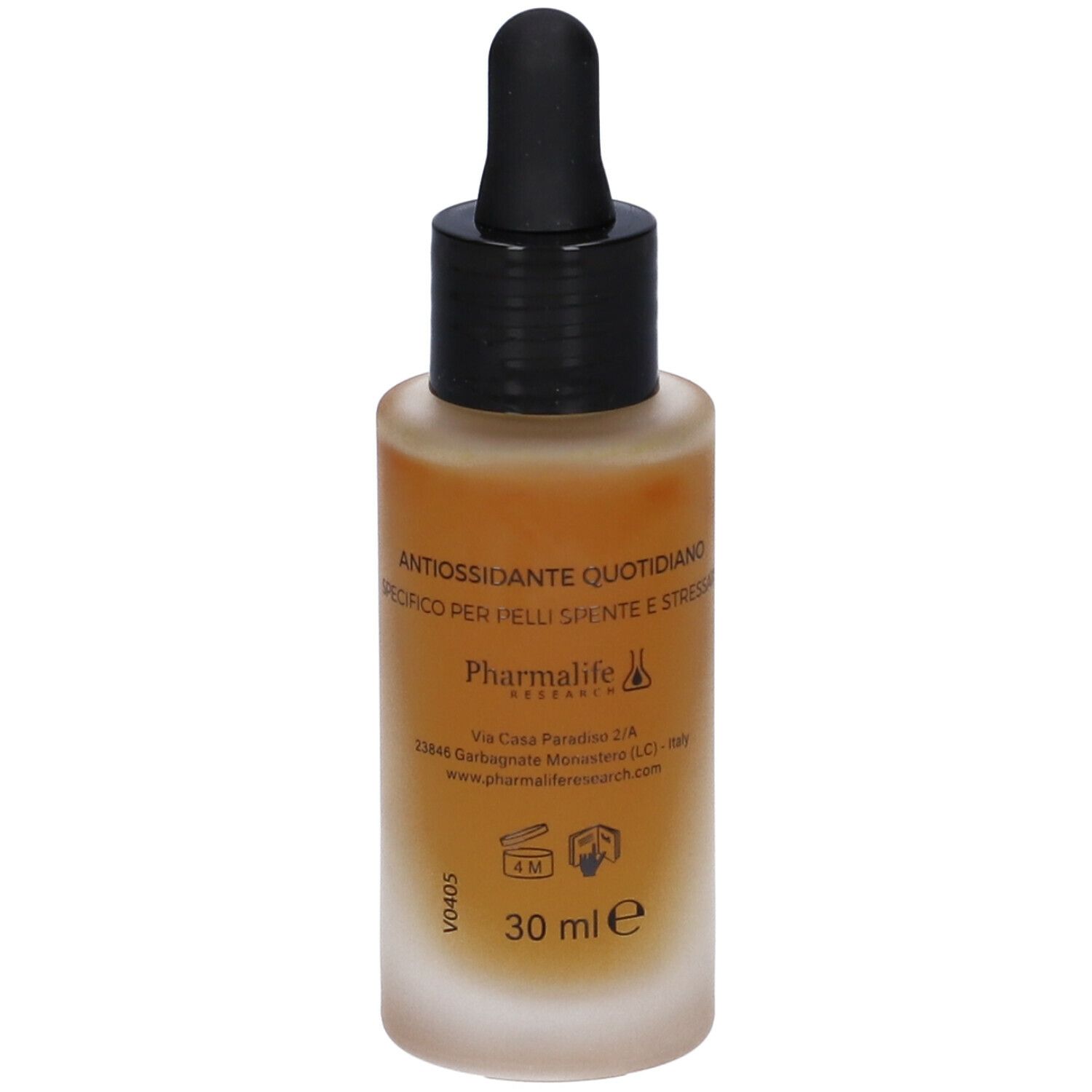 Flacone di siero marrone con contagocce nero. Retro con testo e logo. Scritta: 30 ml.