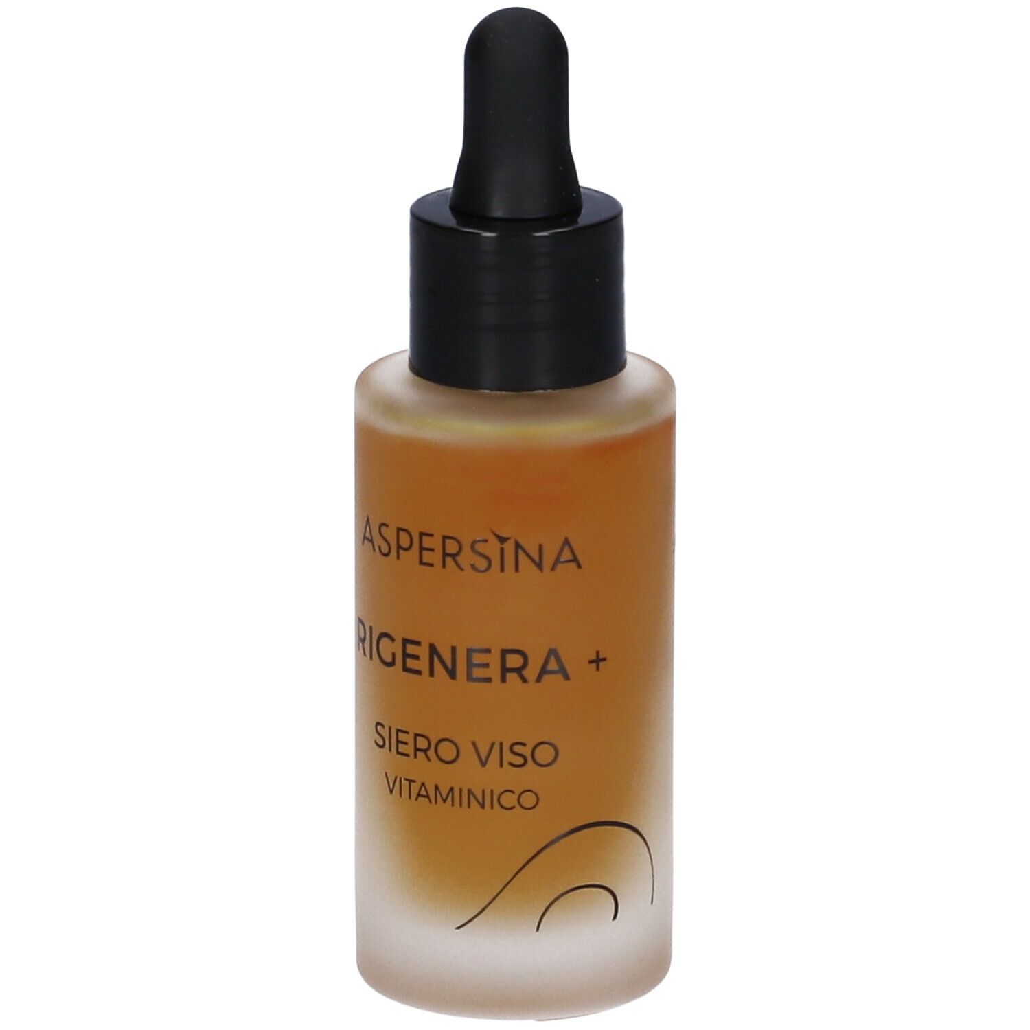 Flacone di siero marrone con contagocce nero. Scritta: Aspersina Rigenera+ Siero Viso Vitaminico.