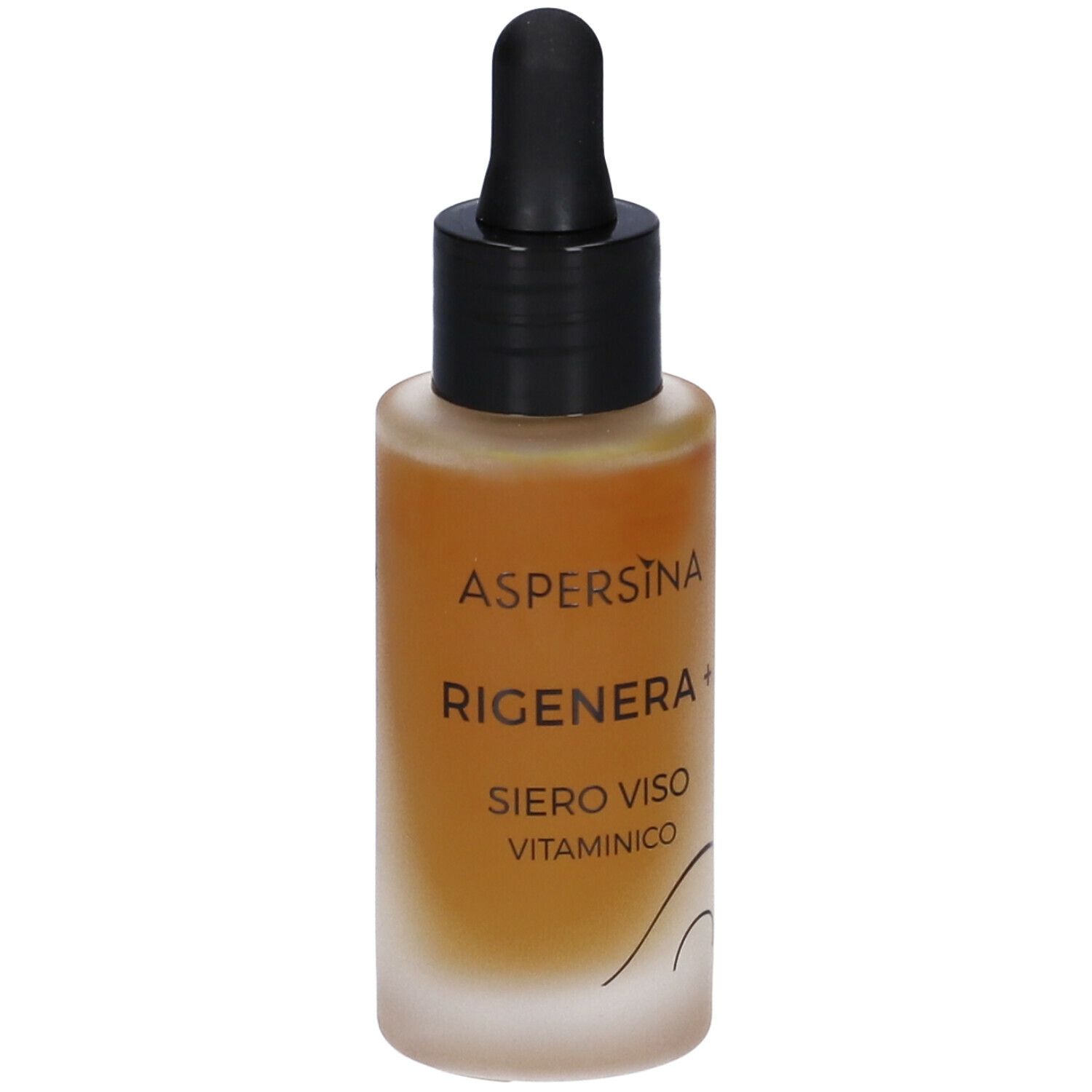 Flacone di siero marrone con contagocce nero. Scritta: Aspersina Rigenera+ Siero Viso Vitaminico.