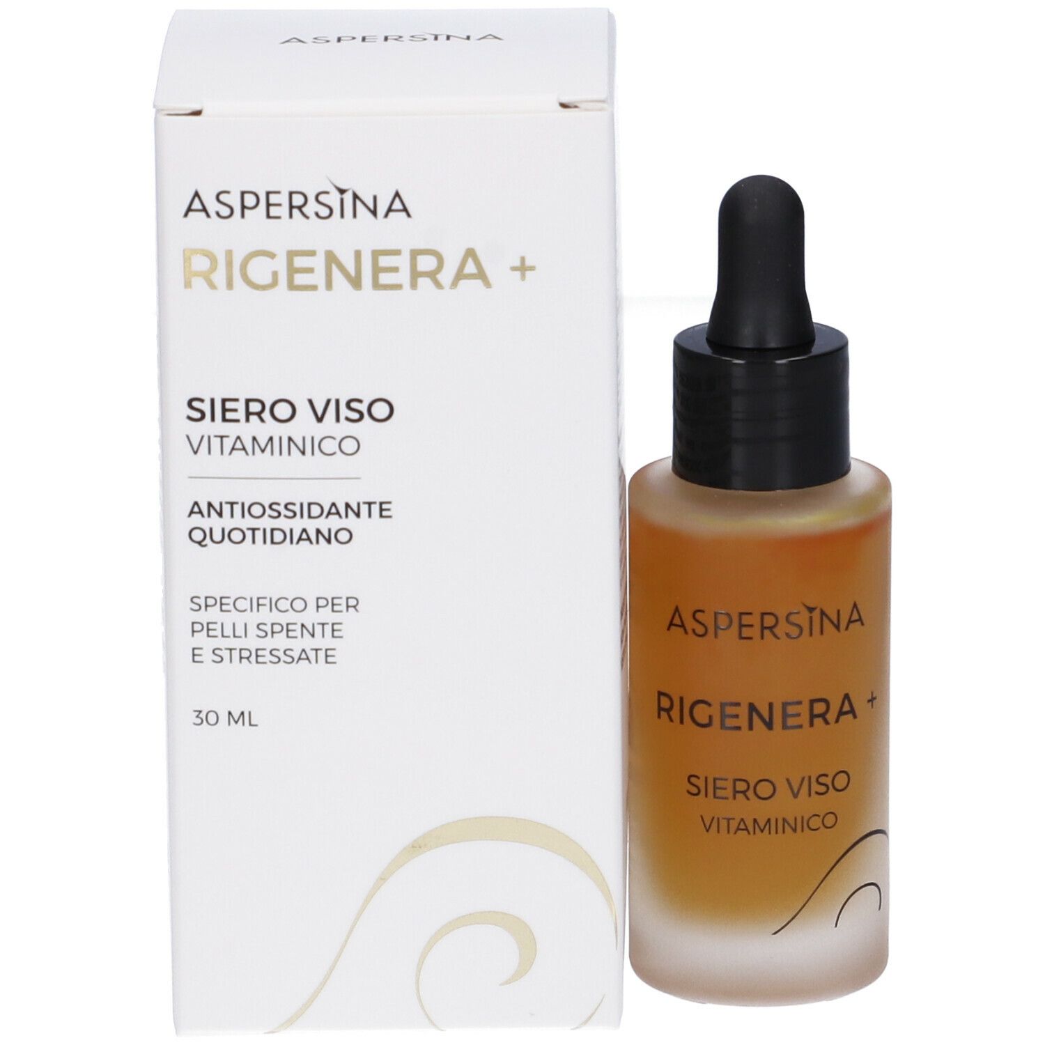 Flacone di siero e confezione. Scritta: Aspersina Rigenera+ Siero Viso Vitaminico. 30 ml.