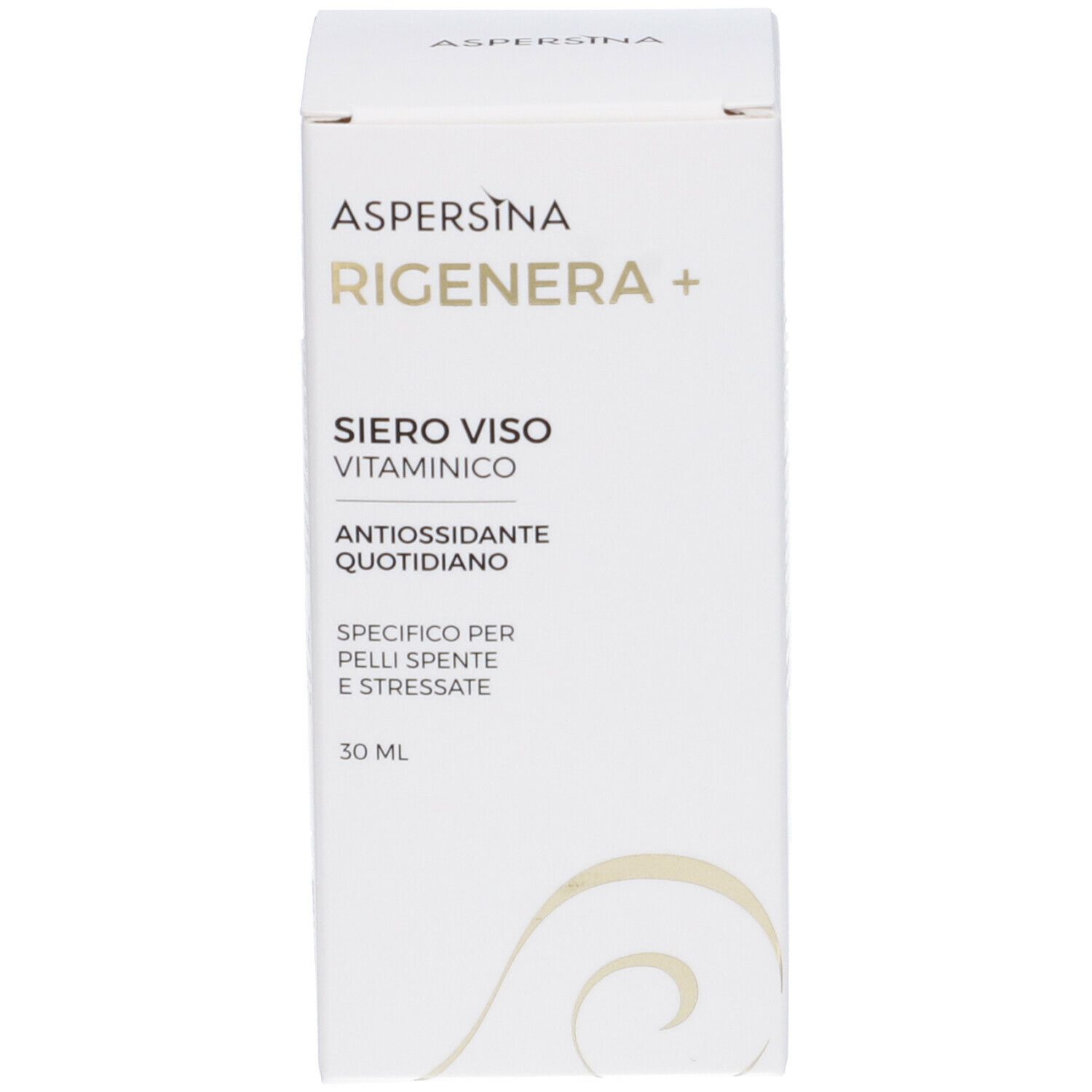 Confezione. Scritta: Aspersina Rigenera+ Siero Viso Vitaminico. 30 ml.
