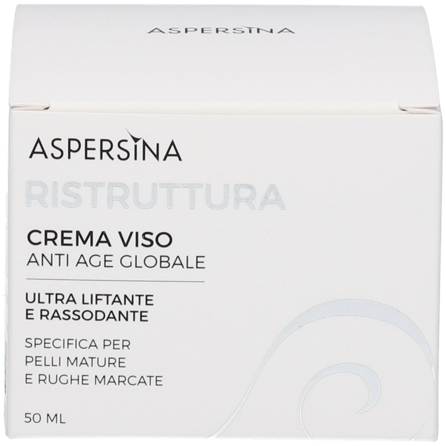 Confezione bianca. Scritta: ASPERSINA Ristruttura Crema Viso Anti Age Globale. Testo: Ultra Liftante e Rassodante.