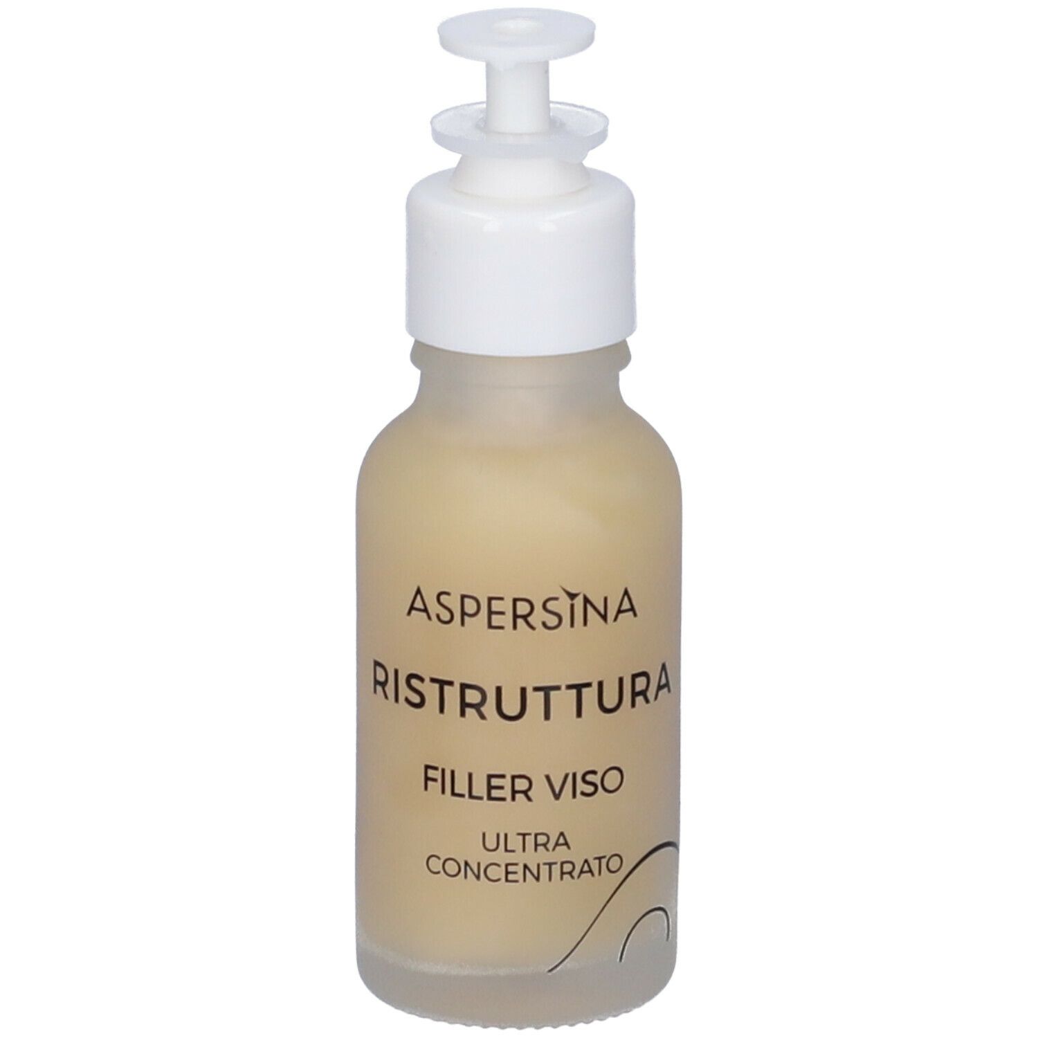 Flacone di liquido beige con erogatore bianco. Scritta: Aspersina Ristruttura Filler Viso Ultra Concentrato.