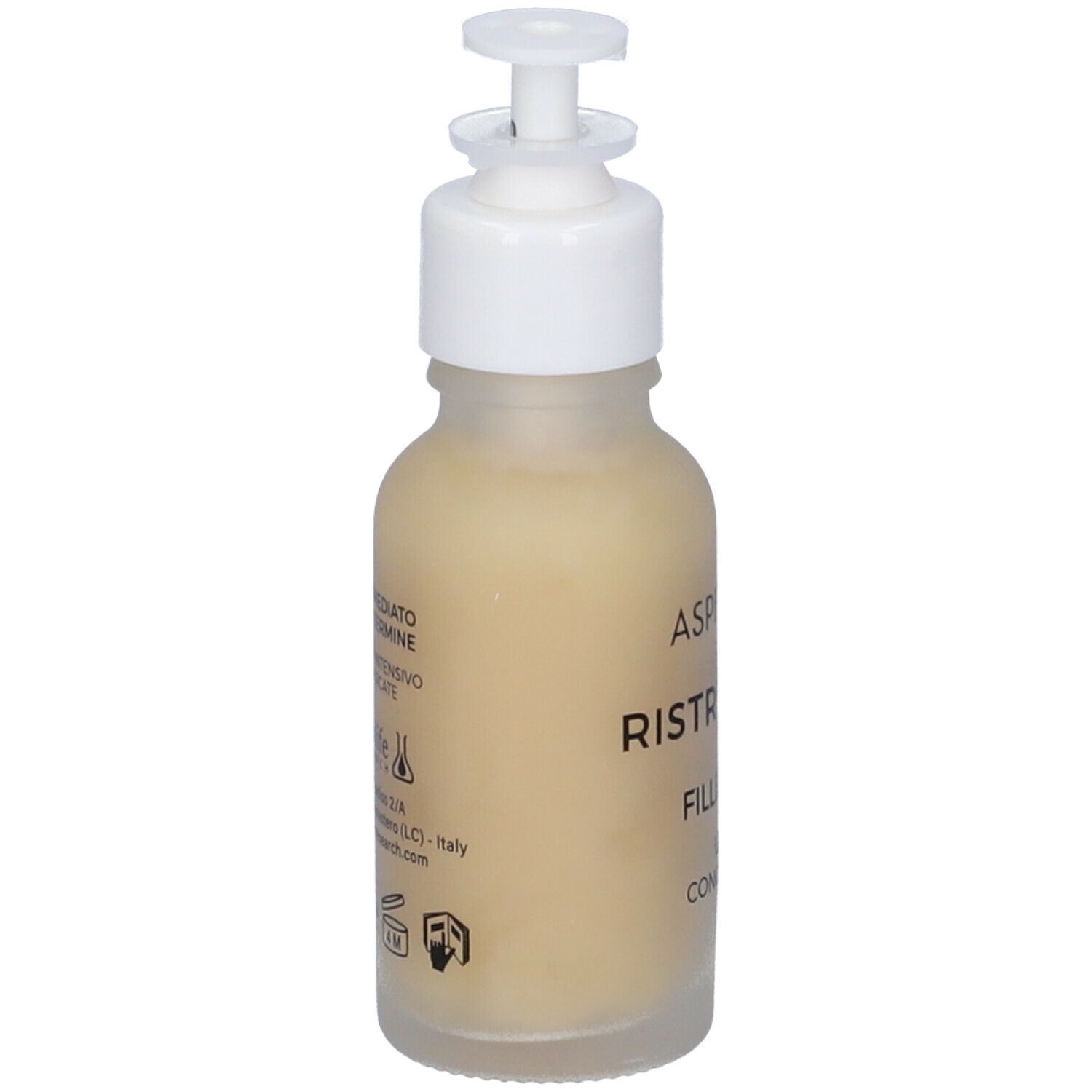Flacone di liquido beige con erogatore bianco. Scritte e informazioni sul retro.