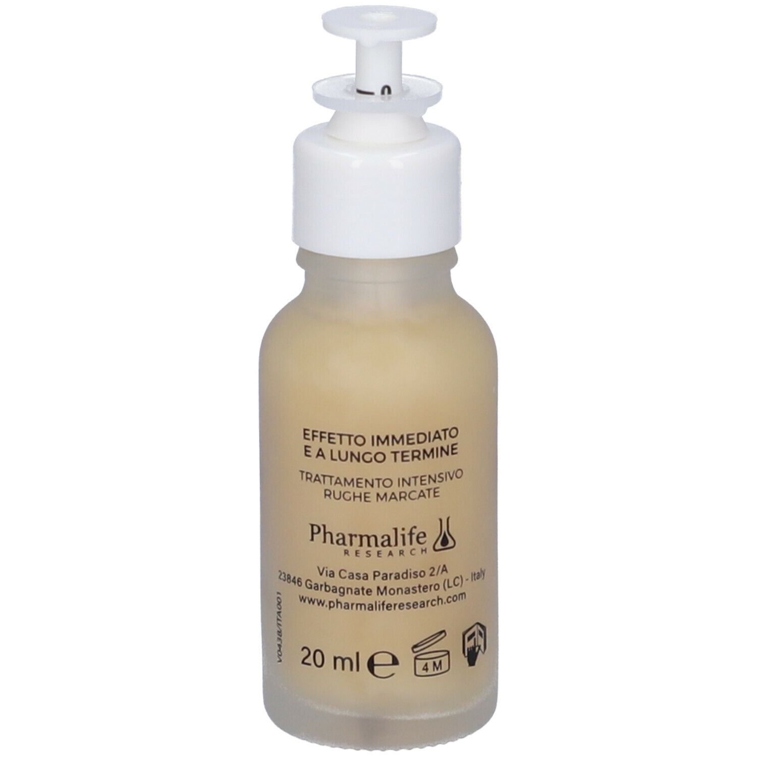Flacone di liquido beige con erogatore bianco. Scritta: Pharmalife Research, 20 ml.
