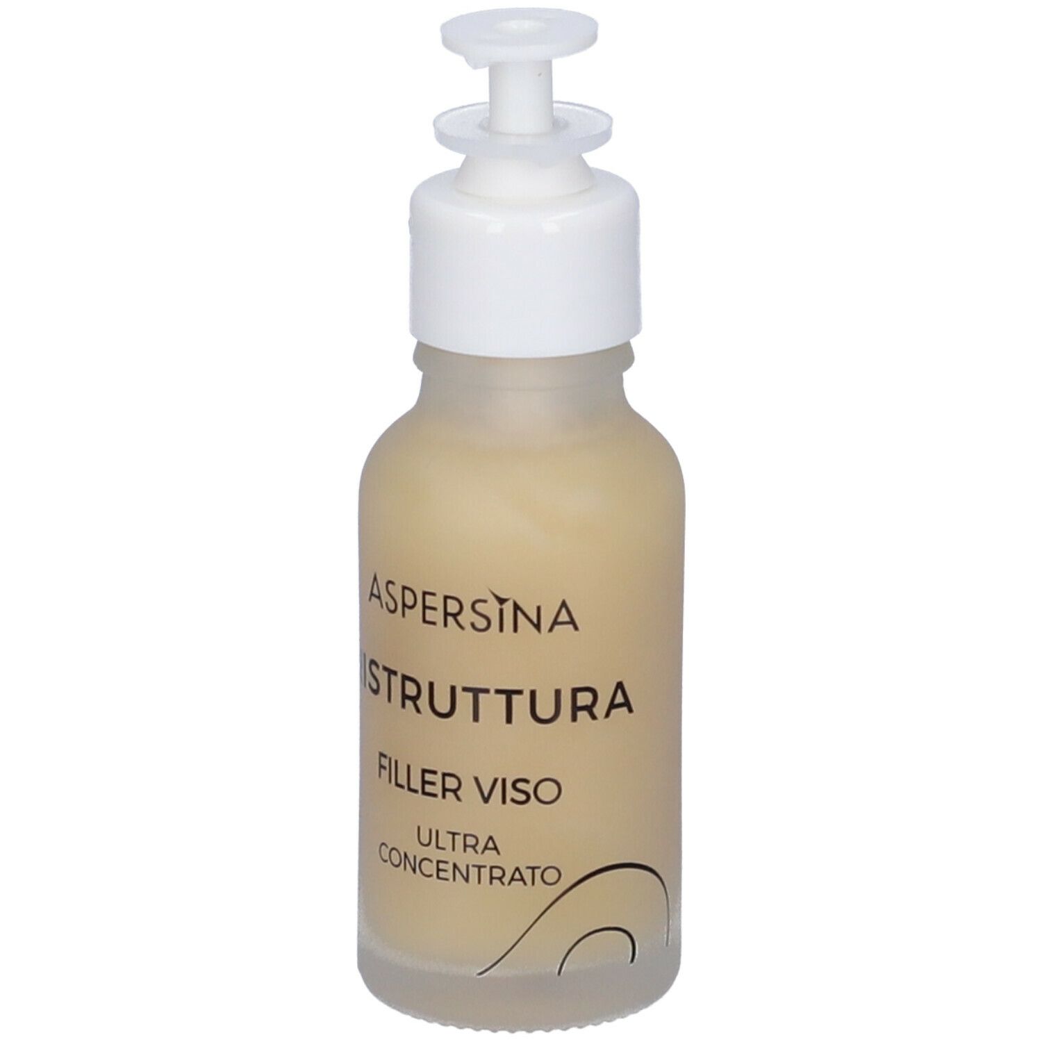 Flacone di liquido beige con erogatore bianco. Scritta: Aspersina Ristruttura Filler Viso Ultra Concentrato.
