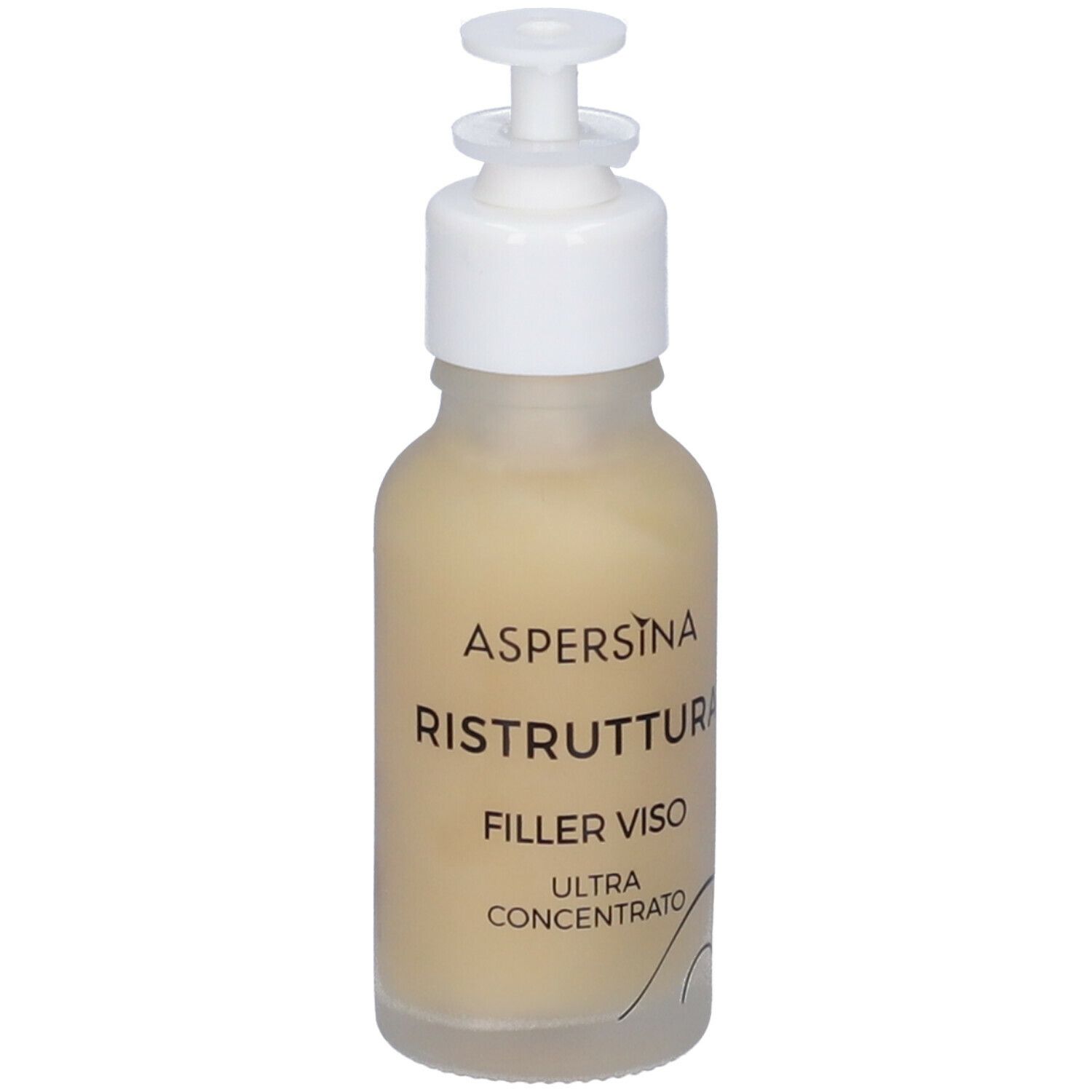 Flacone di liquido beige con erogatore bianco. Scritta: Aspersina Ristruttura Filler Viso Ultra Concentrato.