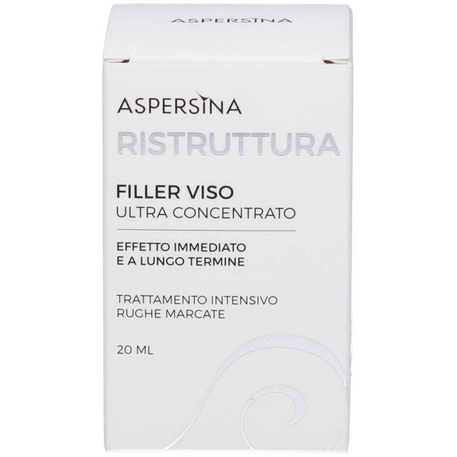 Confezione bianca del prodotto. Scritta: Aspersina Ristruttura Filler Viso Ultra Concentrato, 20 ml.