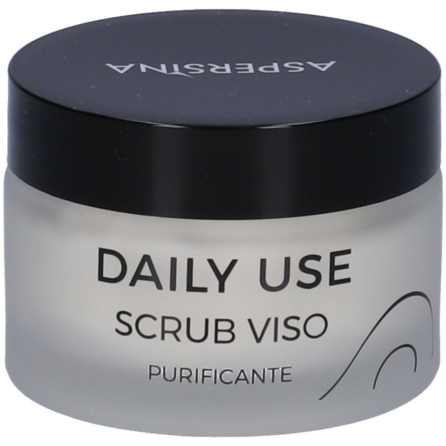 Vaso di crema con coperchio nero. Sul coperchio è scritto "ASPERSINA". Sul vaso è scritto "DAILY USE SCRUB VISO PURIFICANTE".