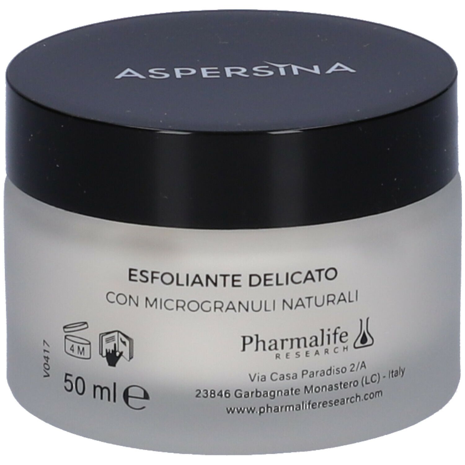 Vaso di crema con coperchio nero. Sul coperchio è scritto "ASPERSINA". Sul vaso è scritto "ESFOLIANTE DELICATO CON MICROGRANULI NATURALI".