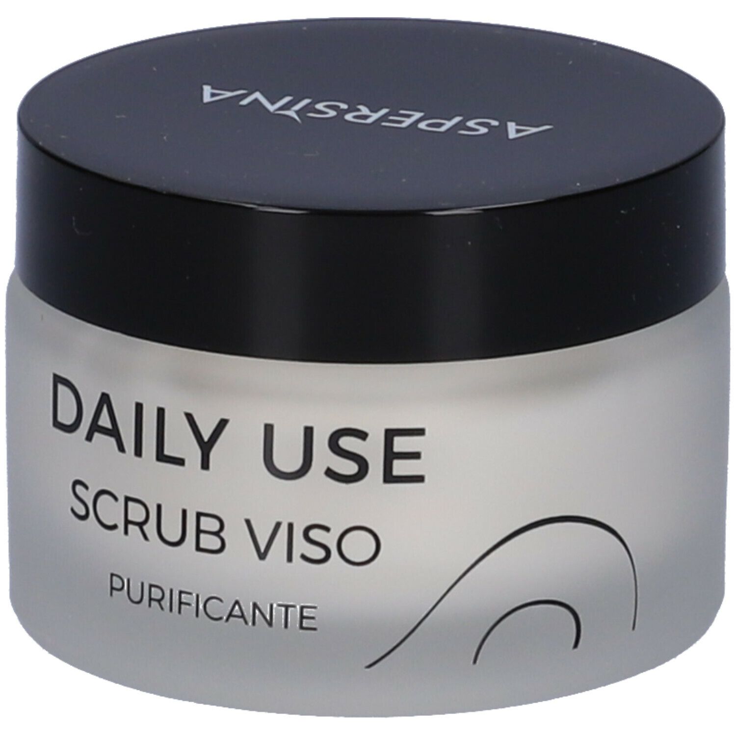 Vaso di crema con coperchio nero. Sul coperchio è scritto "ASPERSINA". Sul vaso è scritto "DAILY USE SCRUB VISO PURIFICANTE".