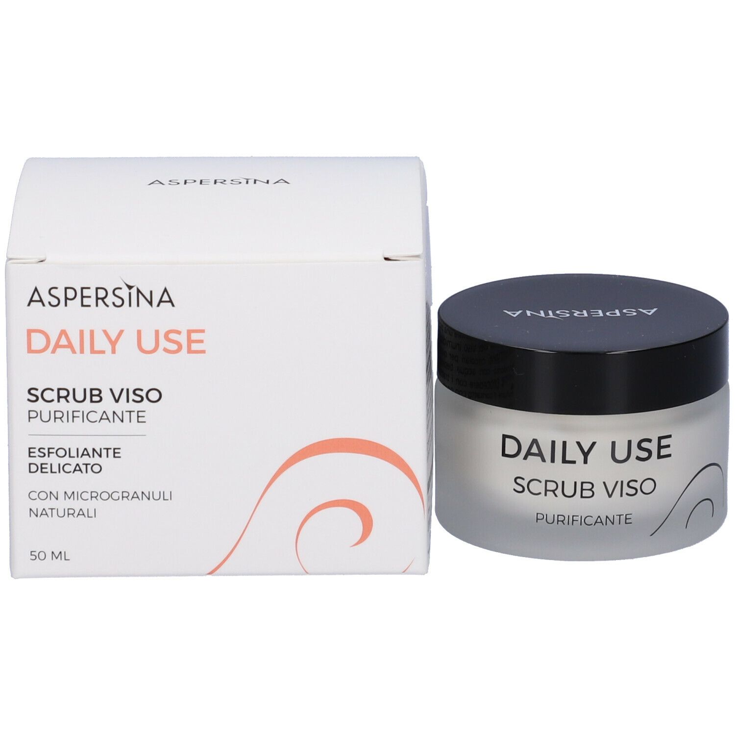 Confezione del prodotto e vaso di crema. Sulla confezione è scritto "ASPERSINA DAILY USE SCRUB VISO PURIFICANTE".