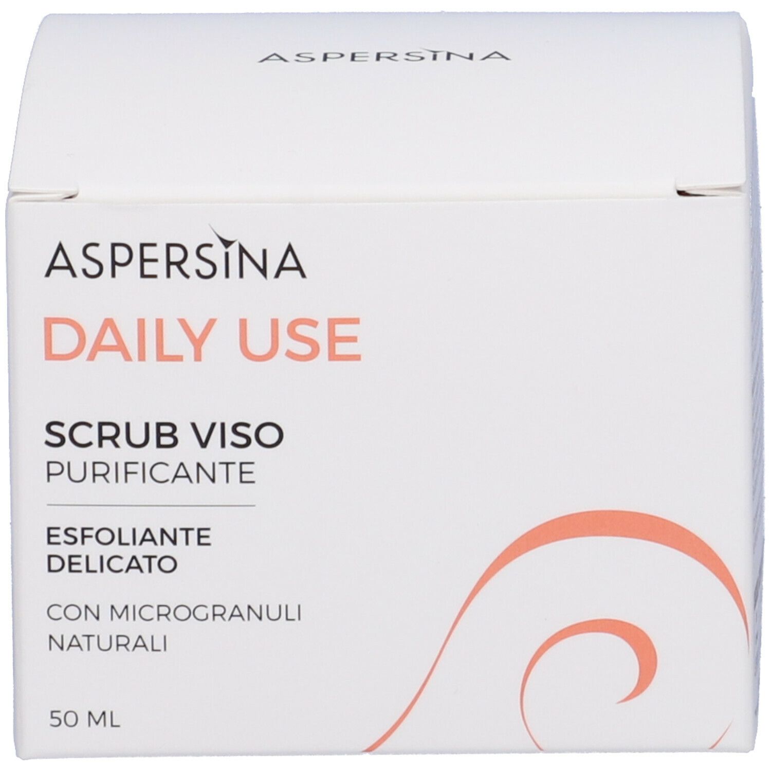Confezione del prodotto. Sulla confezione è scritto "ASPERSINA DAILY USE SCRUB VISO PURIFICANTE".
