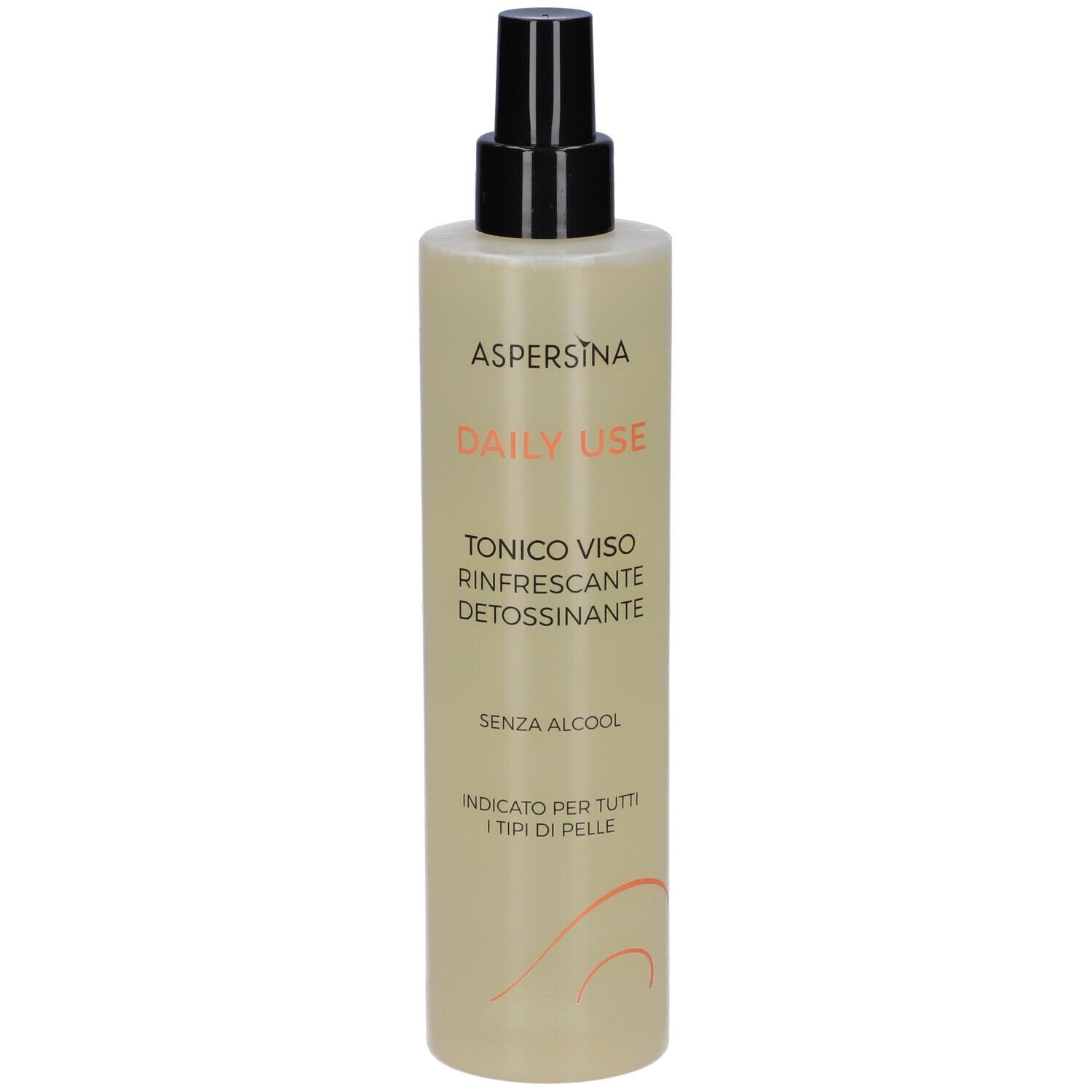 Flacone beige con erogatore nero. Scritta: Aspersina Daily Use, Tonico Viso, Rinfrescante Detossinante.