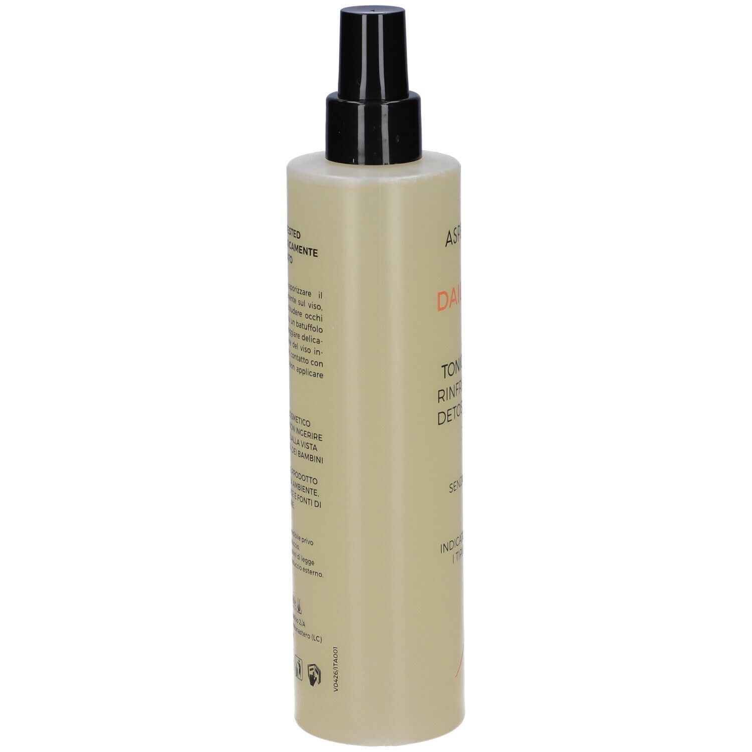 Flacone beige con erogatore nero. Retro con testo. Nome prodotto: Aspersina Daily Use, Tonico Viso.