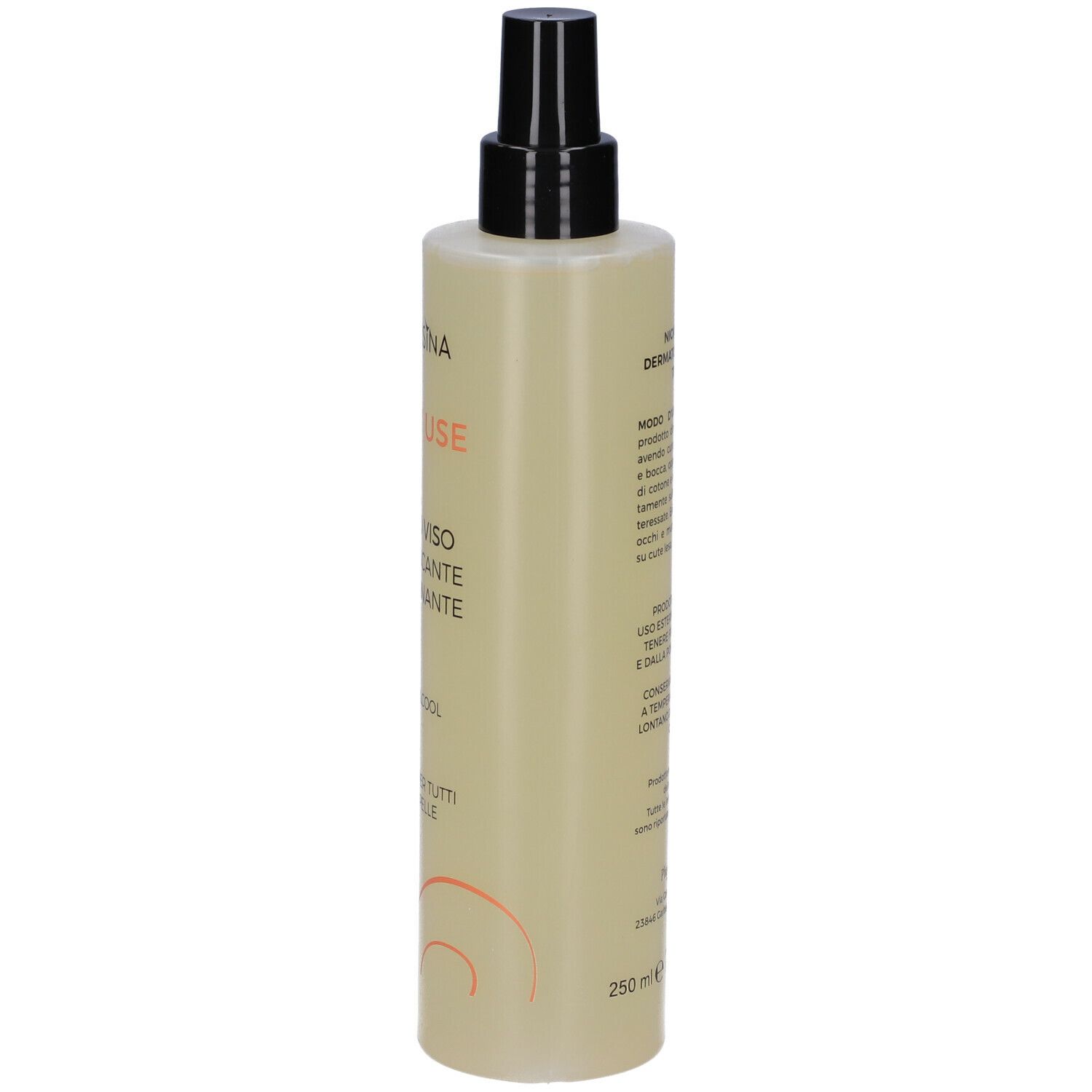 Flacone beige con erogatore nero. Nome prodotto: Aspersina Daily Use, Tonico Viso, Rinfrescante Detossinante.