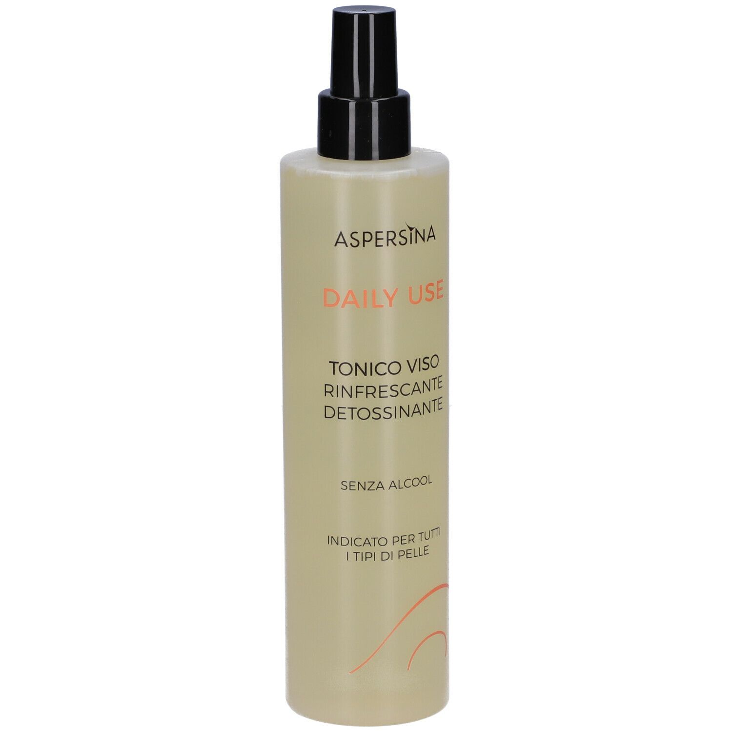 Flacone beige con erogatore nero. Nome prodotto: Aspersina Daily Use, Tonico Viso, Rinfrescante Detossinante.