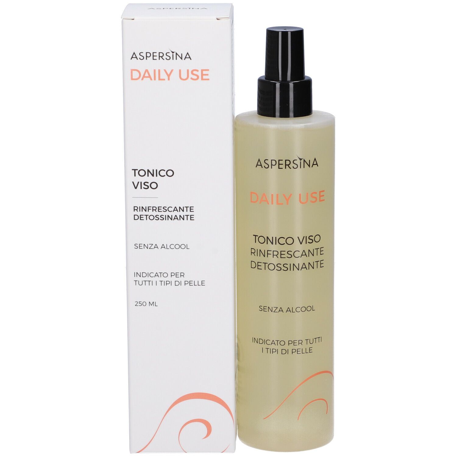 Flacone e scatola. Flacone: Aspersina Daily Use. Scatola: Aspersina Daily Use, Tonico Viso, Rinfrescante Detossinante.