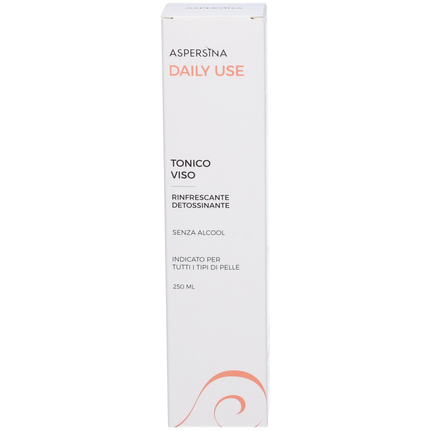 Scatola bianca. Scritta: Aspersina Daily Use, Tonico Viso, Rinfrescante Detossinante.