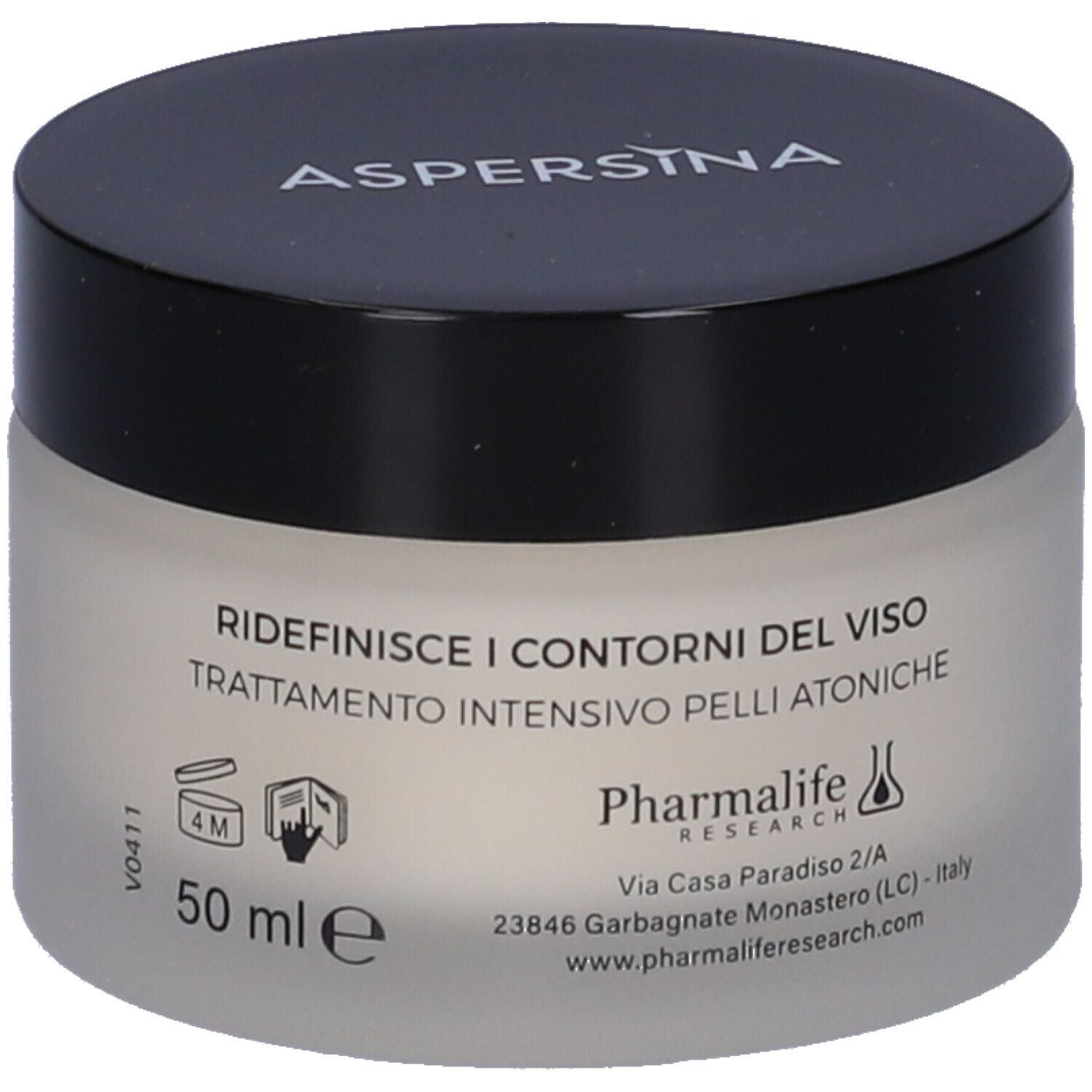 Creme-Glas mit schwarzem Deckel. Aufschrift: ASPERSINA. Text: 50 ml, Behandlung für atonische Haut.