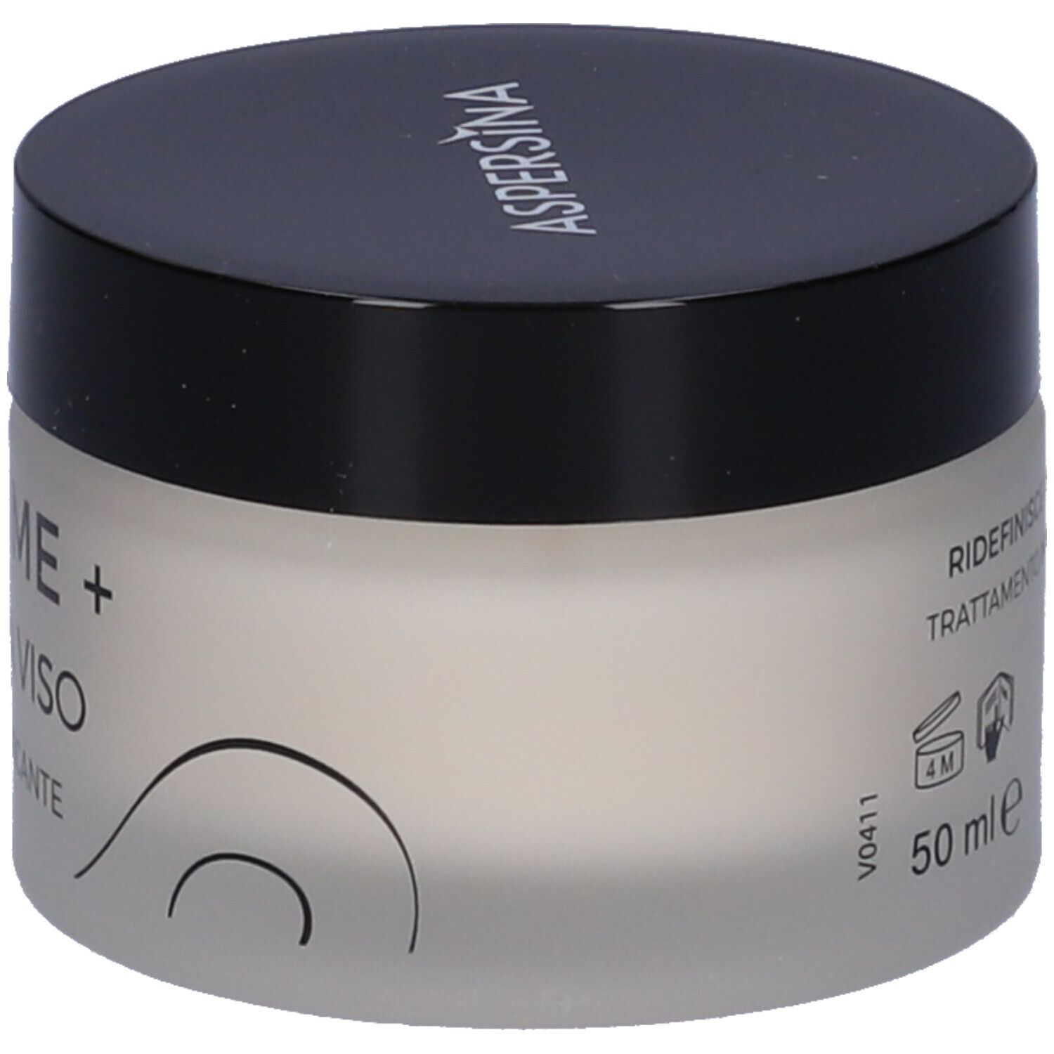 Creme-Glas mit schwarzem Deckel. Aufschrift: ASPERSINA. Text: 50 ml, Creme für Gesicht.