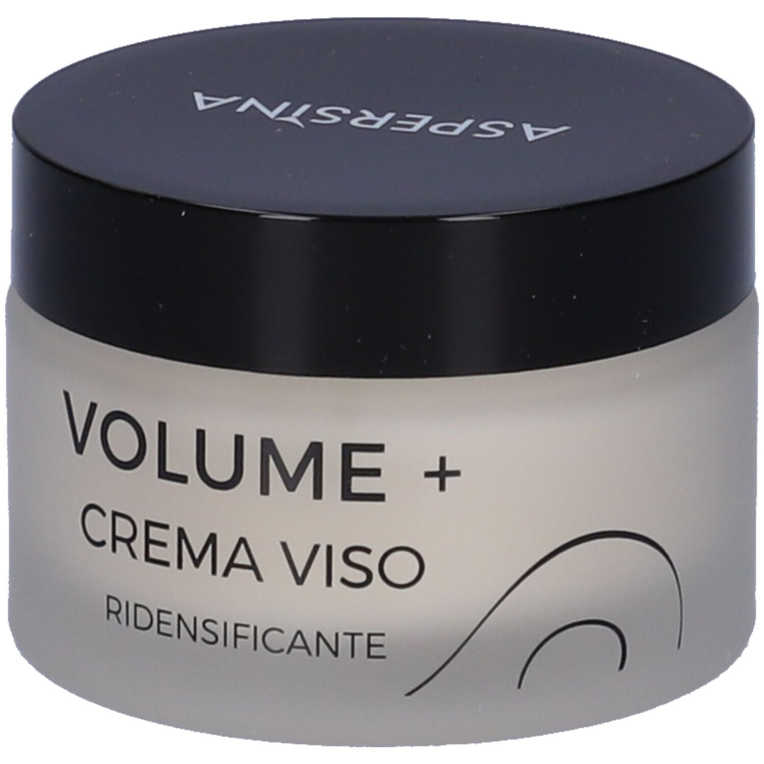Creme-Glas mit schwarzem Deckel. Aufschrift: ASPERSINA, VOLUME + CREMA VISO RIDENSIFICANTE.