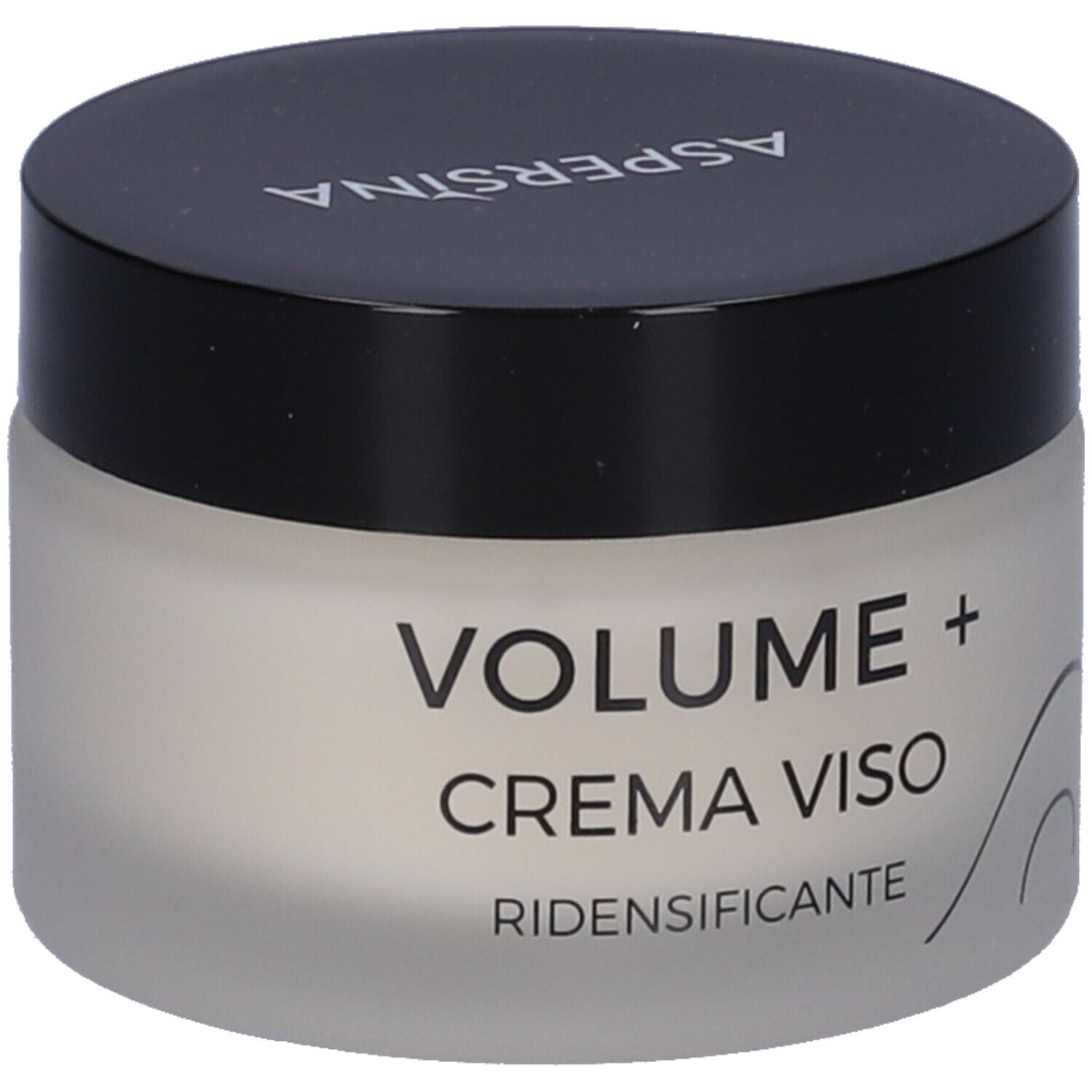 Creme-Glas mit schwarzem Deckel. Aufschrift: ASPERSINA, VOLUME + CREMA VISO RIDENSIFICANTE.
