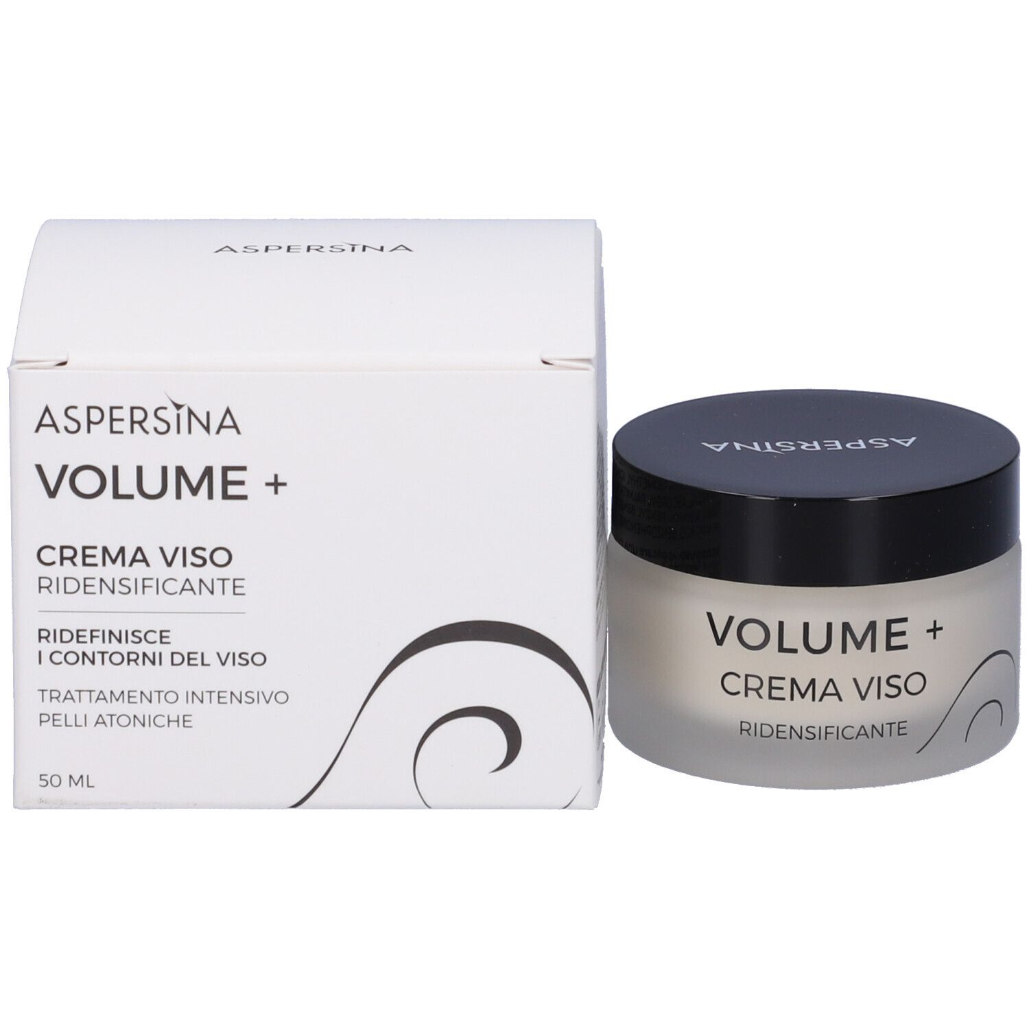 Produktverpackung und Creme-Glas. Aufschrift: ASPERSINA, VOLUME + CREMA VISO RIDENSIFICANTE, 50 ml.