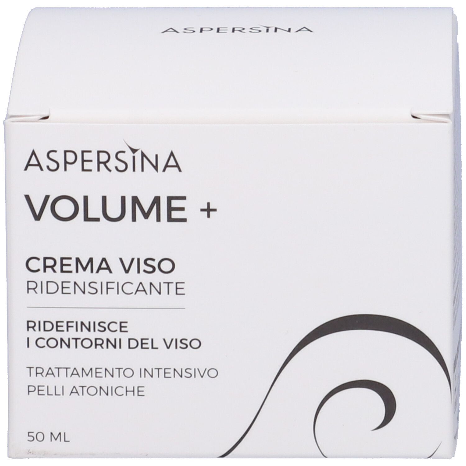 Produktverpackung. Aufschrift: ASPERSINA, VOLUME + CREMA VISO RIDENSIFICANTE, 50 ml.
