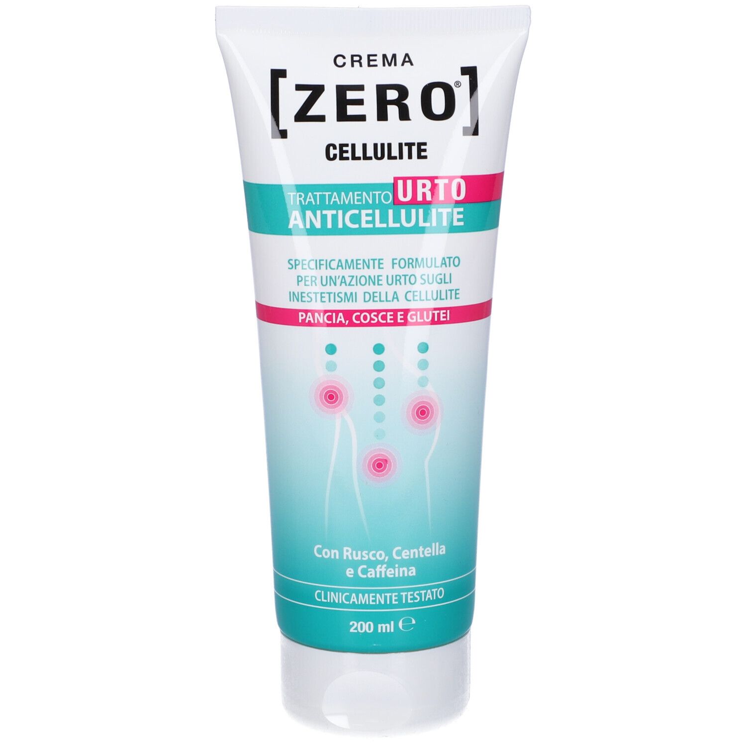 Tubo crema con testo: Cellulite Trattamento Urto Anticellulite. Contiene Rusco, Centella e caffeina. Clinicamente testato. 200 ml.
