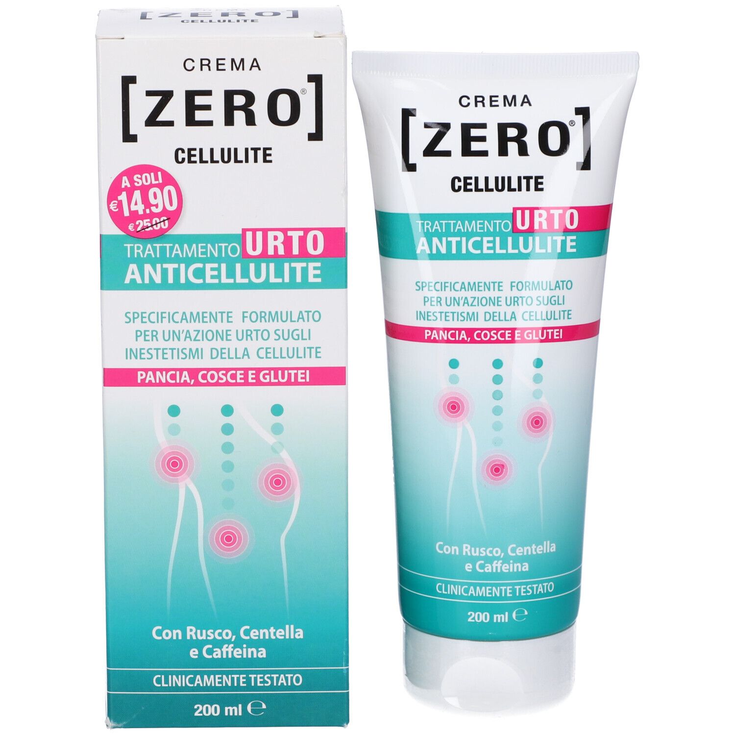 Confezione e tubo del prodotto. Sulla confezione: Cellulite Trattamento Urto Anticellulite. Contiene Rusco, Centella e caffeina. Testato clinicamente.