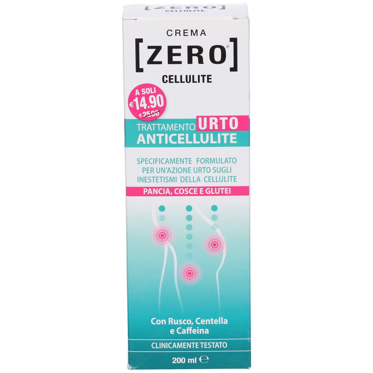 Confezione del prodotto. Testo: Cellulite Trattamento Urto Anticellulite. Contiene Rusco, Centella e caffeina. Testato clinicamente. Prezzo: 14,90 €.
