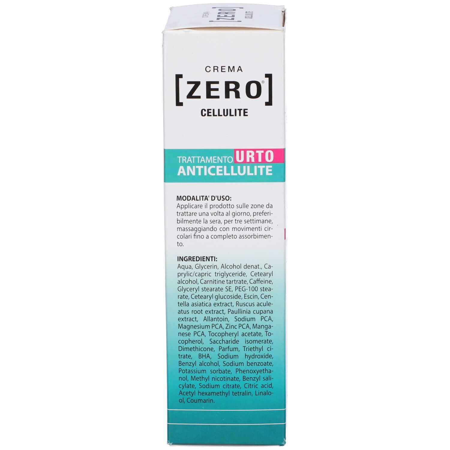 Confezione del prodotto. Testo: Cellulite Trattamento Urto Anticellulite. Ingredienti e istruzioni per l'uso. Testato clinicamente.