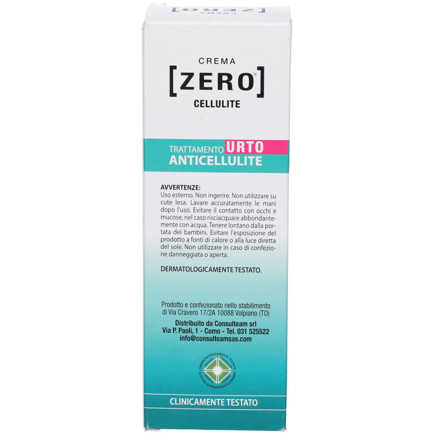 Confezione del prodotto. Testo: Cellulite Trattamento Urto Anticellulite. Avvertenze e informazioni del produttore. Testato clinicamente.