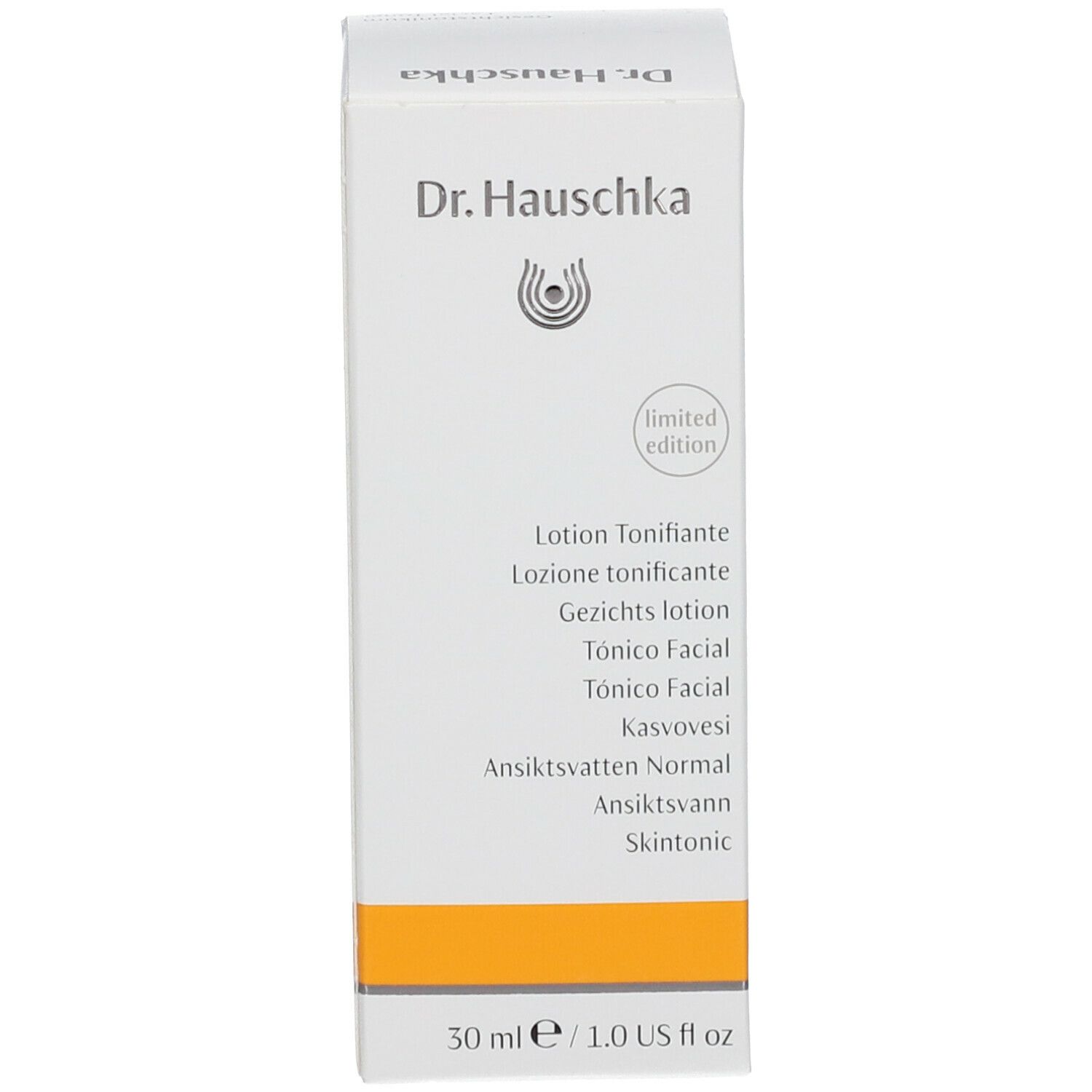 Confezione in cartone con nome del prodotto e logo. Scritta: Dr. Hauschka. Striscia arancione in basso.