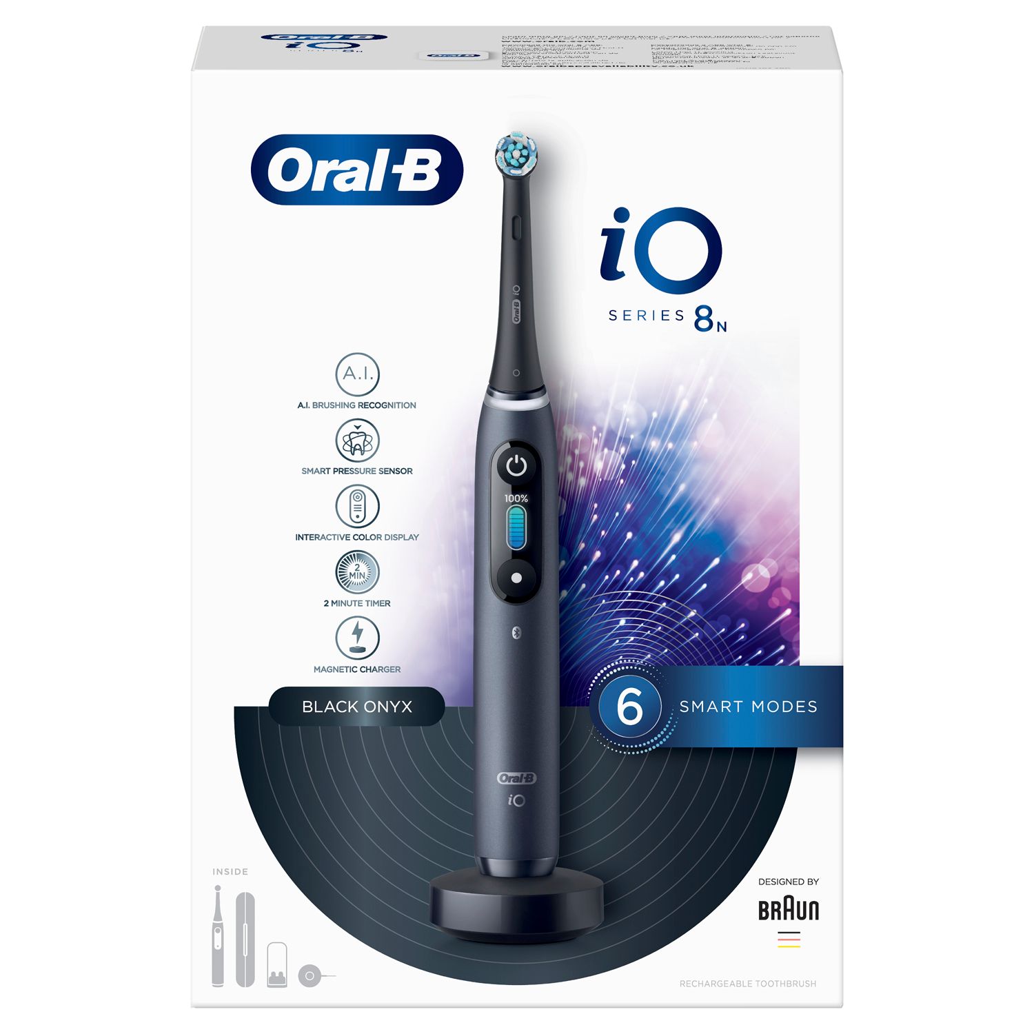Spazzolino elettrico nero con base di ricarica. Sulla confezione: Oral-B iO Series 8N, 6 modalità.