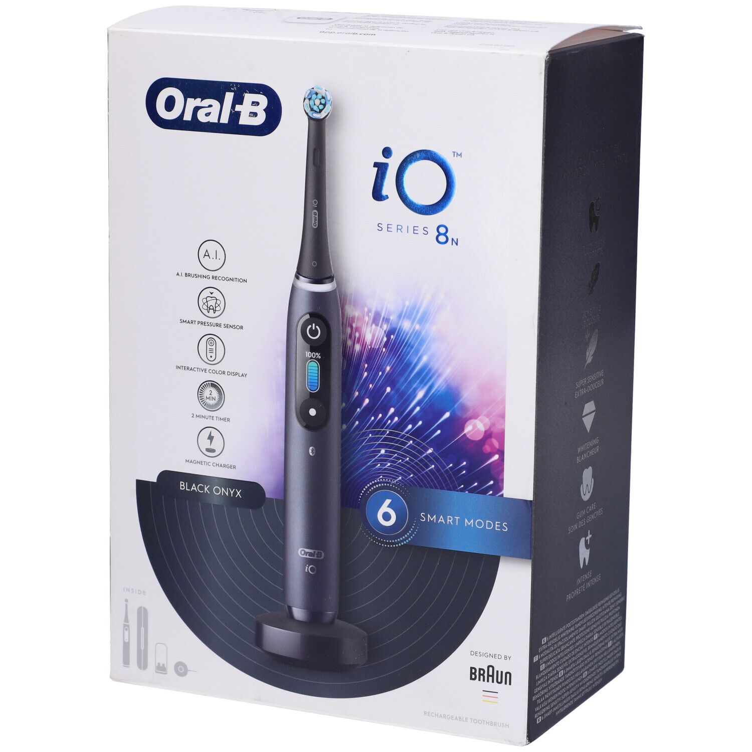 Confezione dello spazzolino elettrico nero. Sulla confezione: Oral-B iO Series 8N, 6 modalità.